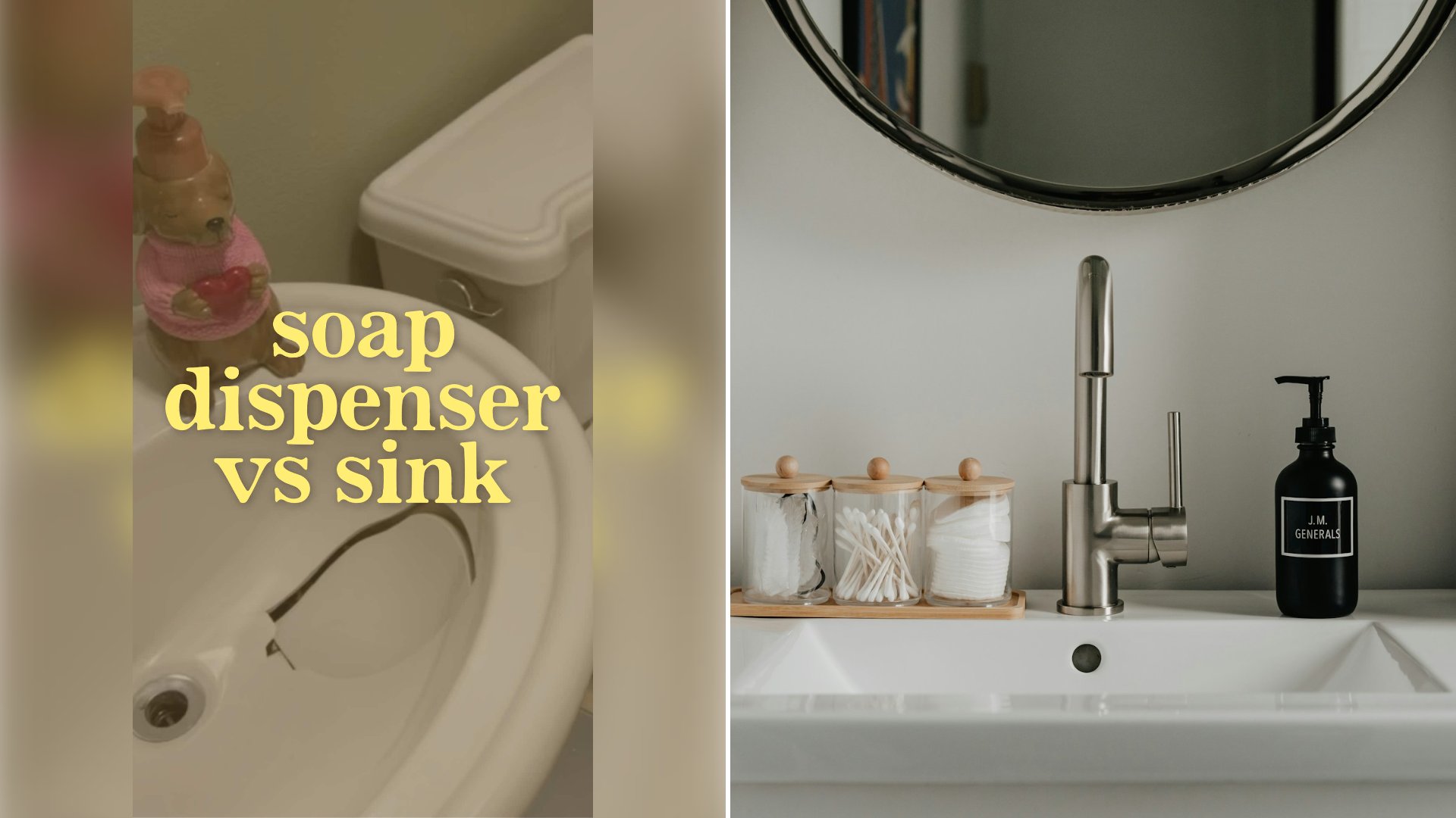 Left: cover still from a TikTok video by @ashtonboughtahouse. Right: Bathroom sink with a soap dispenser beside it (Unsplash photo by Clay Banks).
