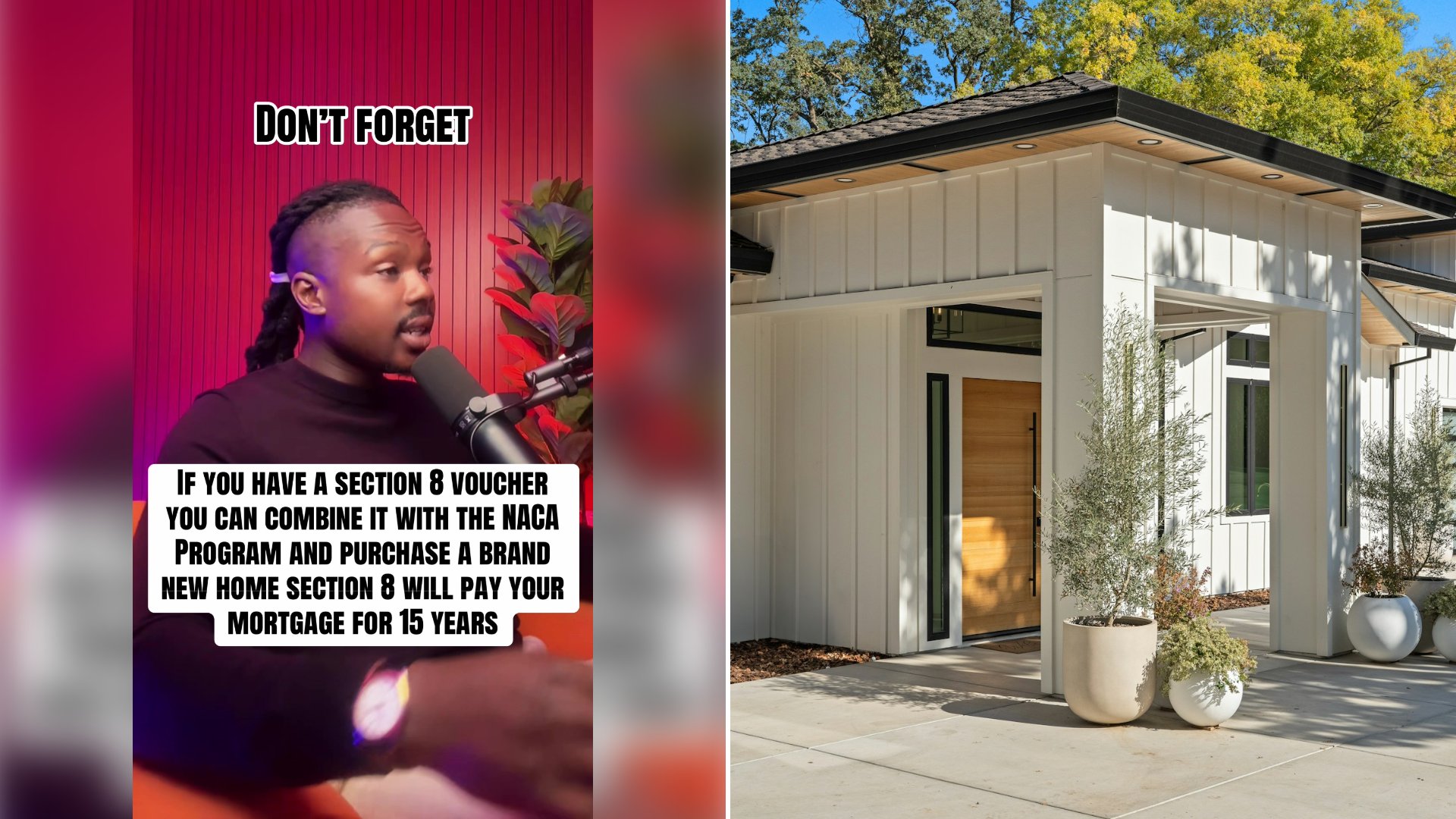 Left: cover still from a TikTok video by @.mylifeordebt. Right: Modern white farmhouse with a natural wood front door and landscaping under blue sky (Unsplash photo by GoodLifeConstruction).