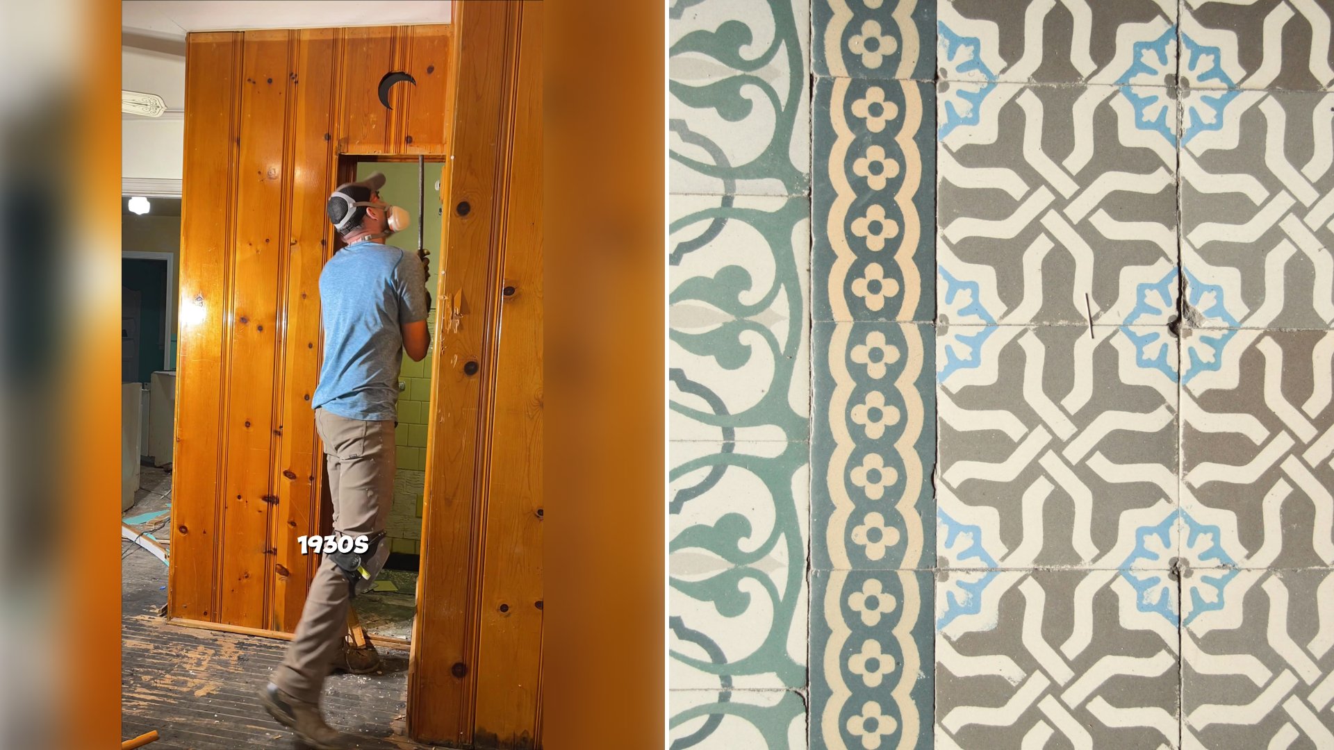 Left: cover still from a TikTok video by @nikandliv.diy. Right: Vintage ceramic tiles with blue and grey geometric and floral motifs (Unsplash photo by Thảo Phạm).