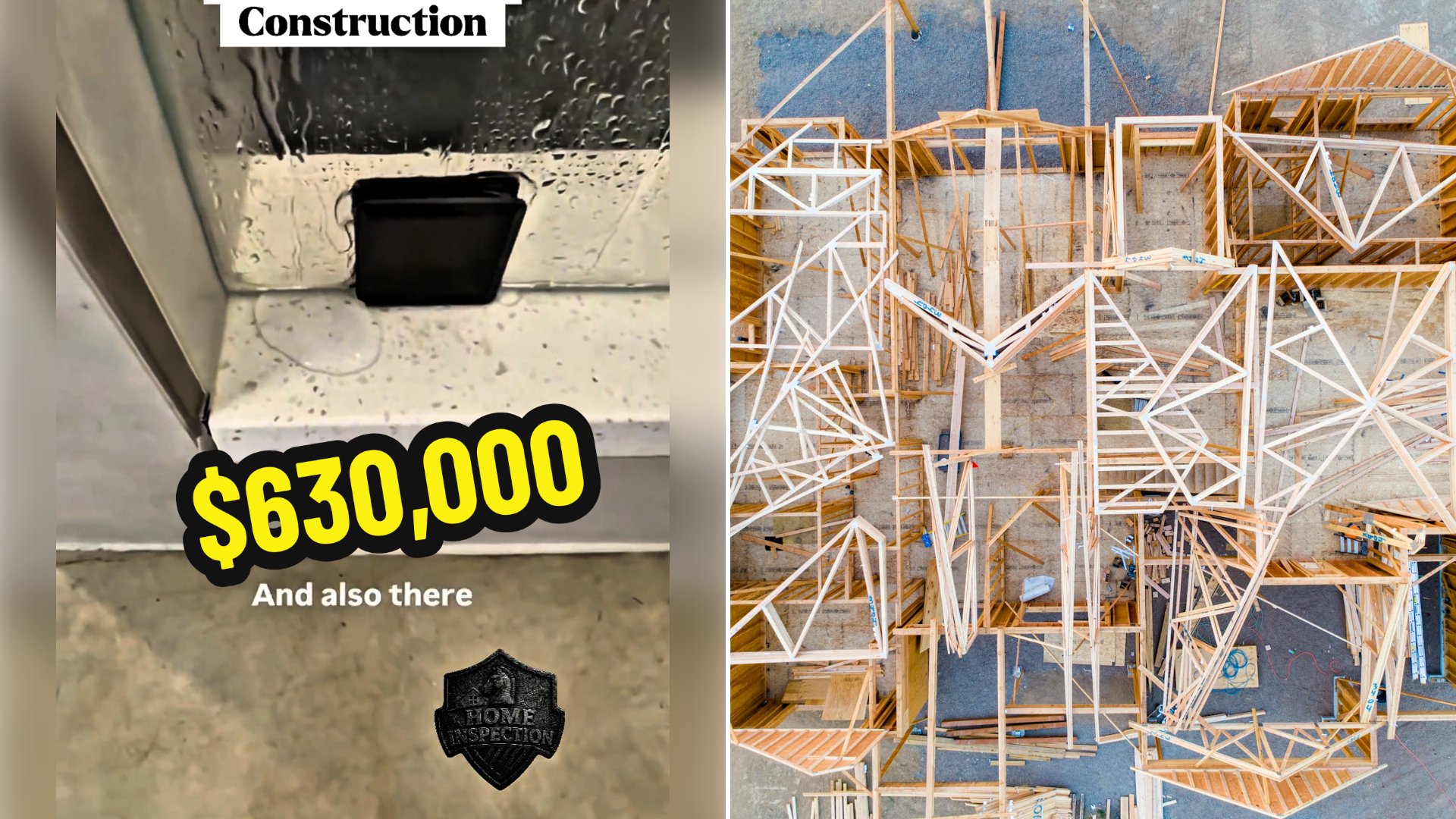 Left: cover still from a TikTok video by @constructioncheckhq. Right: Beige wooden house framing and layout under construction (Unsplash photo by Avel Chuklanov).