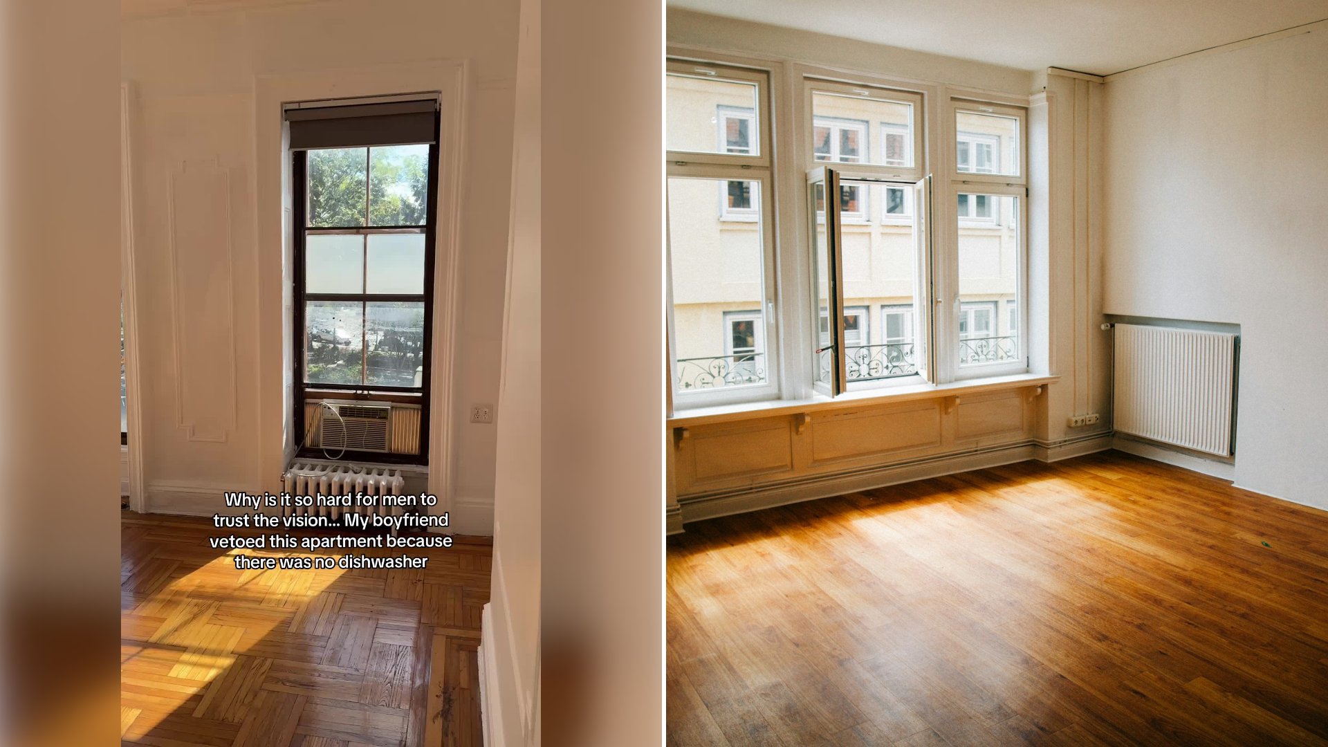 Left: cover still from a TikTok video by @allergictokimchi. Right: Empty sunlit room with a wooden floor and a large window (Unsplash photo by Christian Lue).
