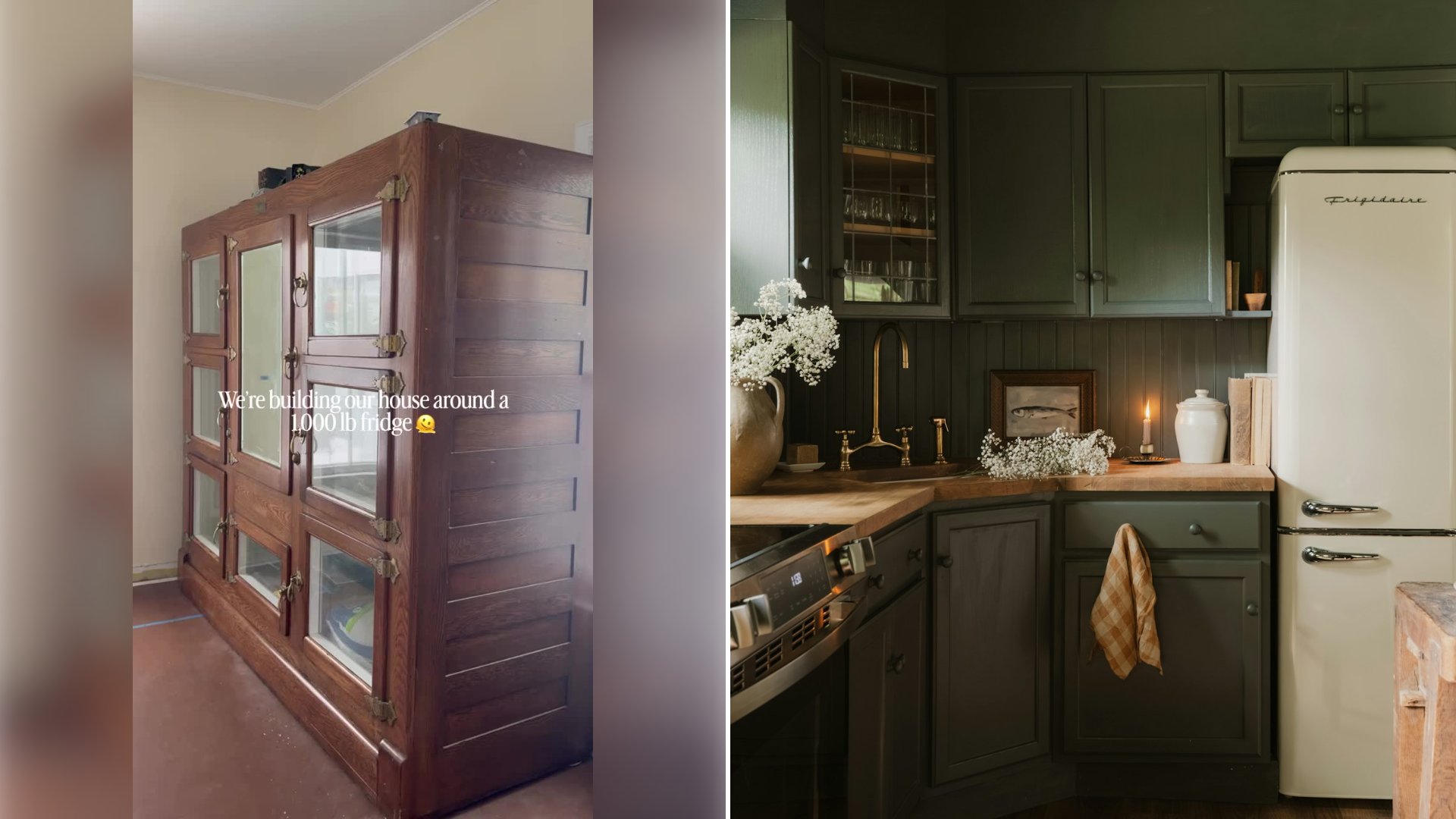 Left: cover still from a TikTok video by @boogesmom. Right: Dark green kitchen with a cream vintage-style refrigerator and wooden countertops (Unsplash photo by Clay Banks).