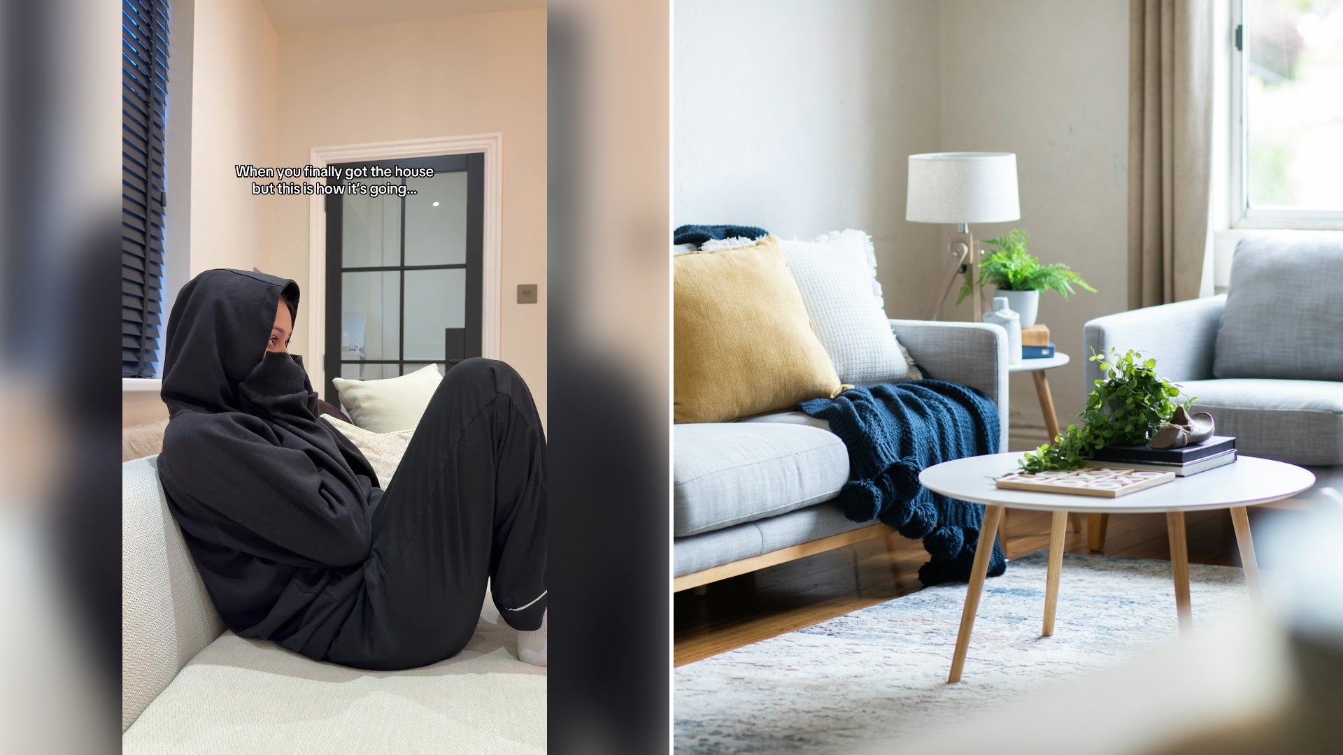 Left: cover still from a TikTok video by @hazera__. Right: Bright living room with a couch and a coffee table (Unsplash photo by S.Group Official).