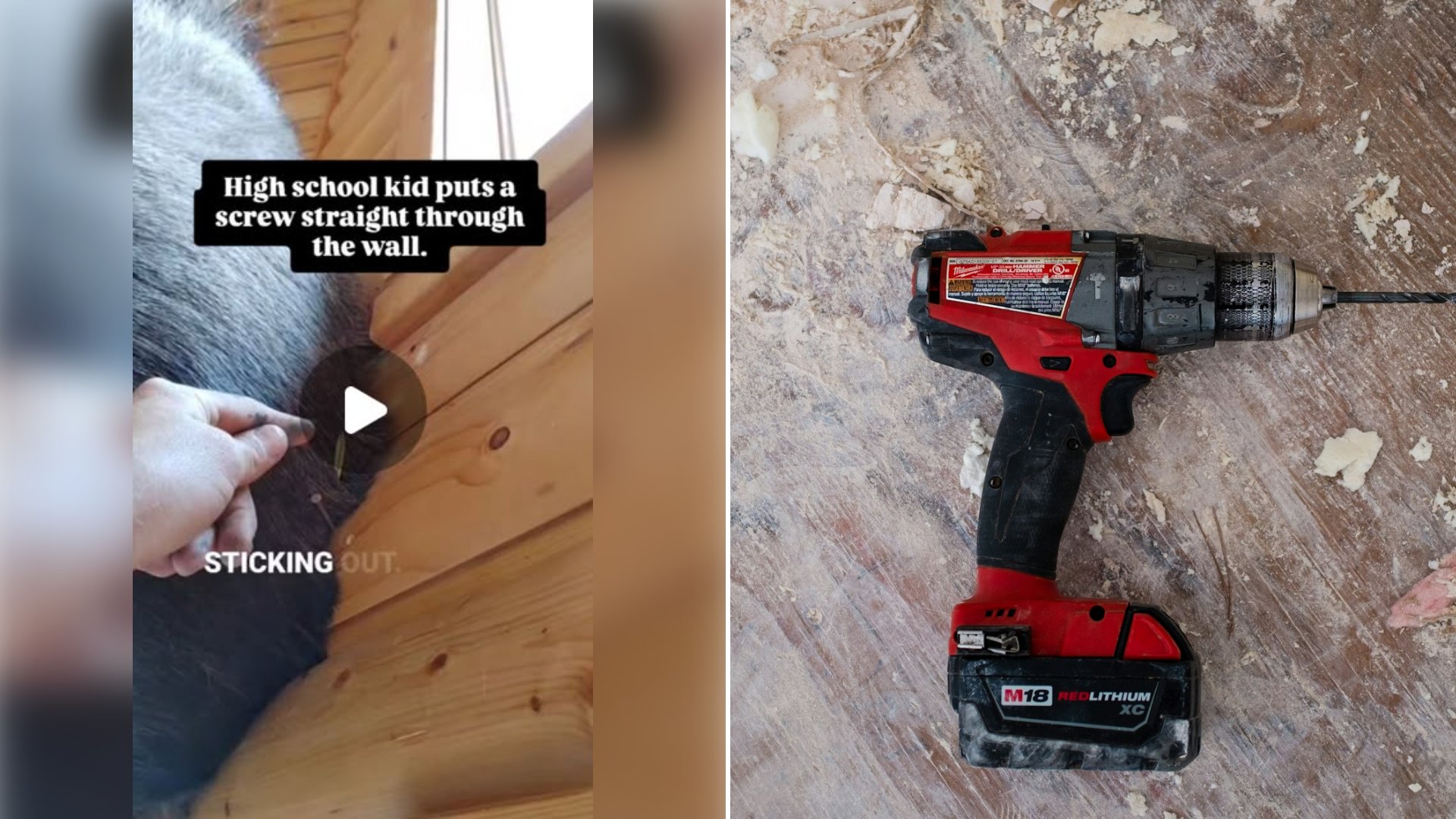 Left: cover still from an Instagram reel by @. Right: Red cordless power drill (Unsplash photo by Quilia).