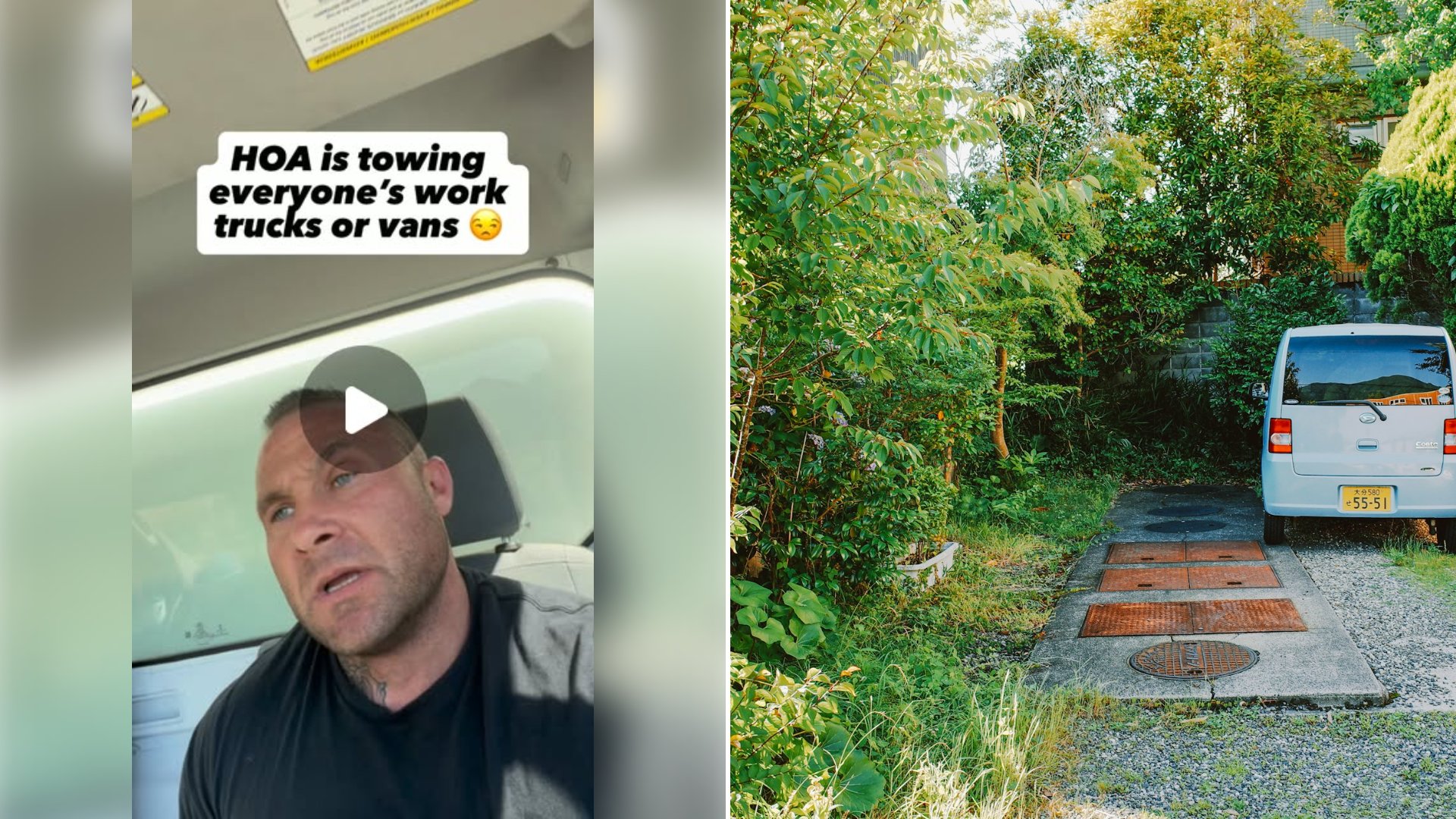 Left: cover still from an Instagram reel by @. Right: Light blue van parked on a gravel driveway (Unsplash photo by PJH).