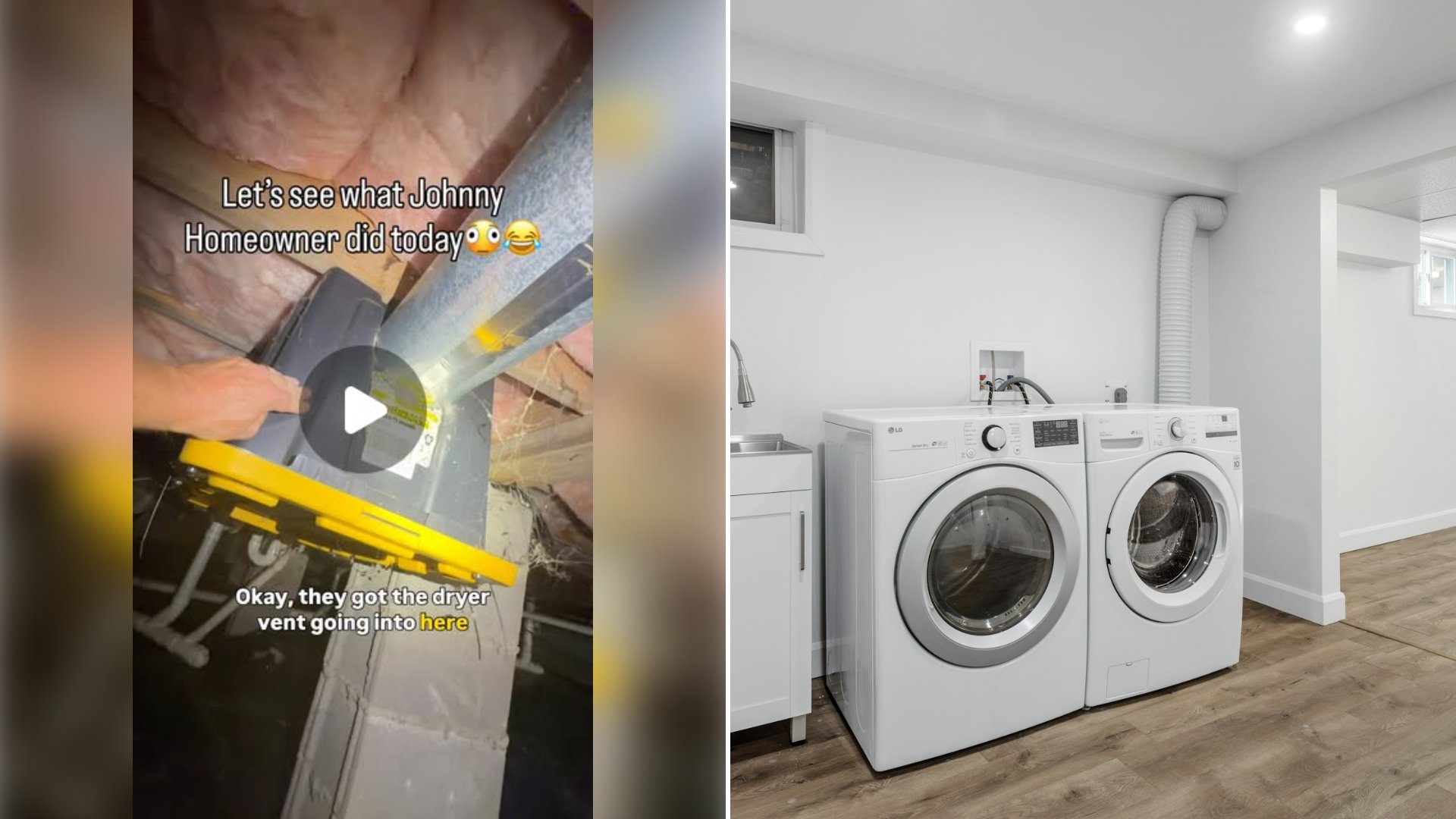 Left: cover still from an Instagram reel by @. Right: Laundry room with a washer and dryer (Unsplash photo by Point3D Commercial Imaging Ltd.).