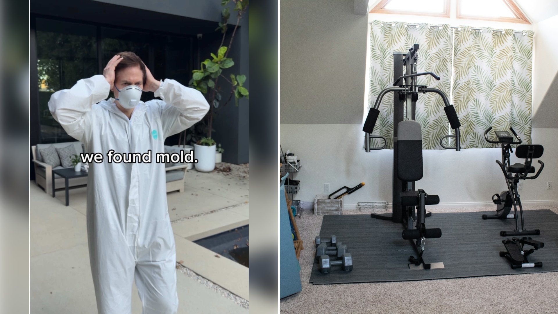 Left: cover still from a TikTok video by @_bryan_johnson_. Right: Black and gray exercise equipment in a home gym (Unsplash photo by Brian Wangenheim).
