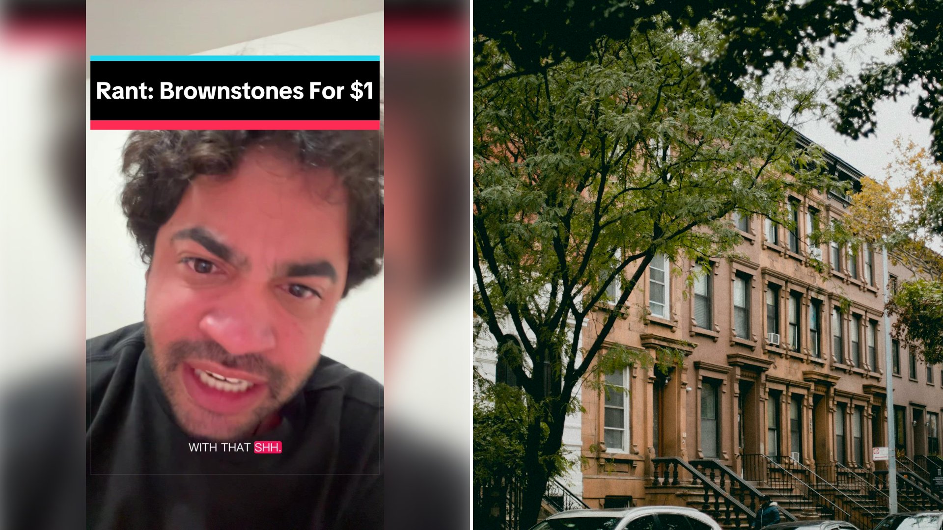 Left: cover still from a TikTok video by @barbohsah. Right: Brown brick building facade in the city (Unsplash photo by Rachel Martin).