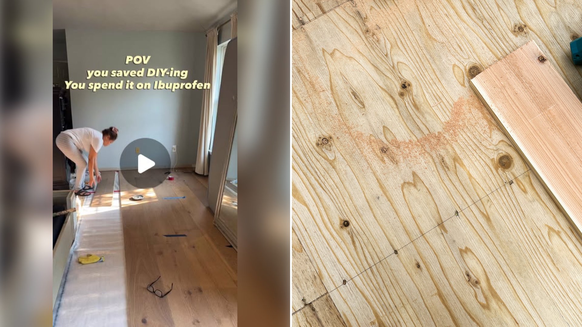 Left: cover still from an Instagram reel by @. Right: Wood boards with a drill resting on top of them (Unsplash photo by Yuika Takamura).