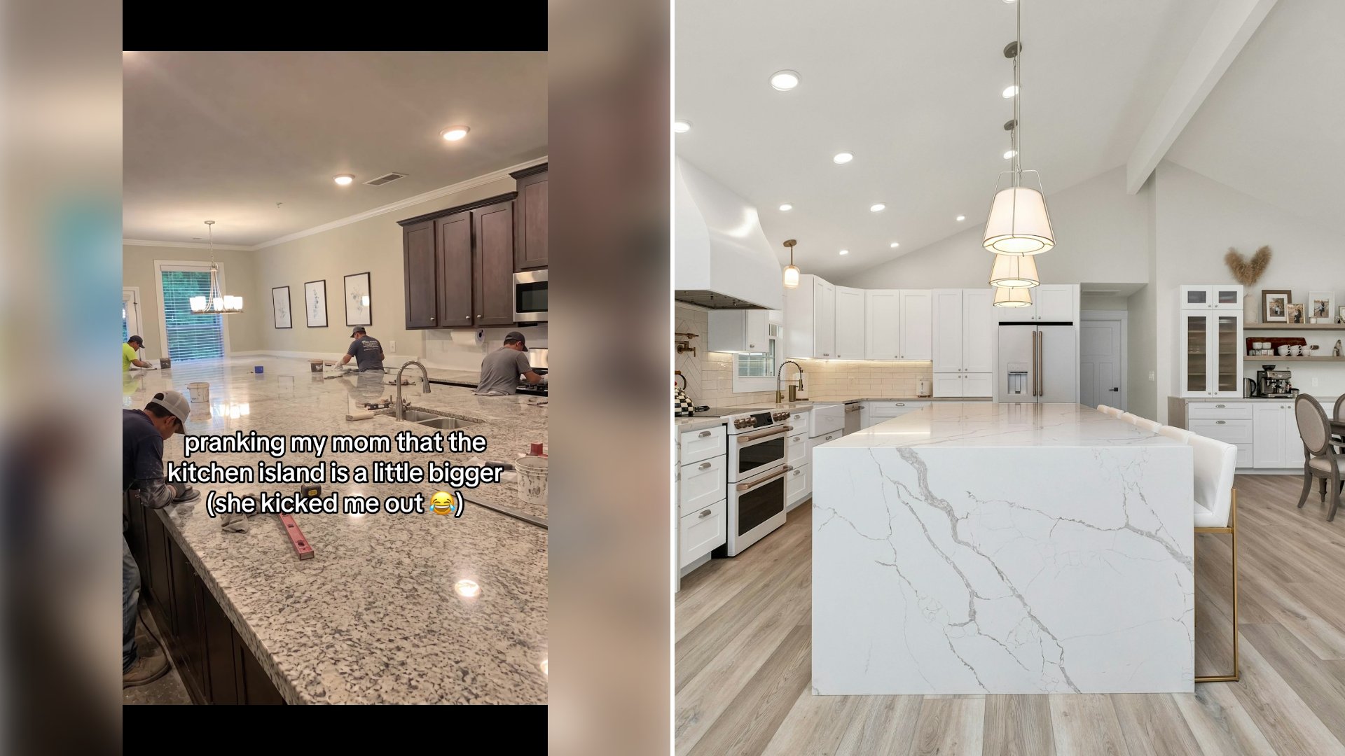 Left: cover still from a TikTok video by @joshaipranks. Right: Large kitchen with a center island in the middle of the room (Unsplash photo by Zac Gudakov).
