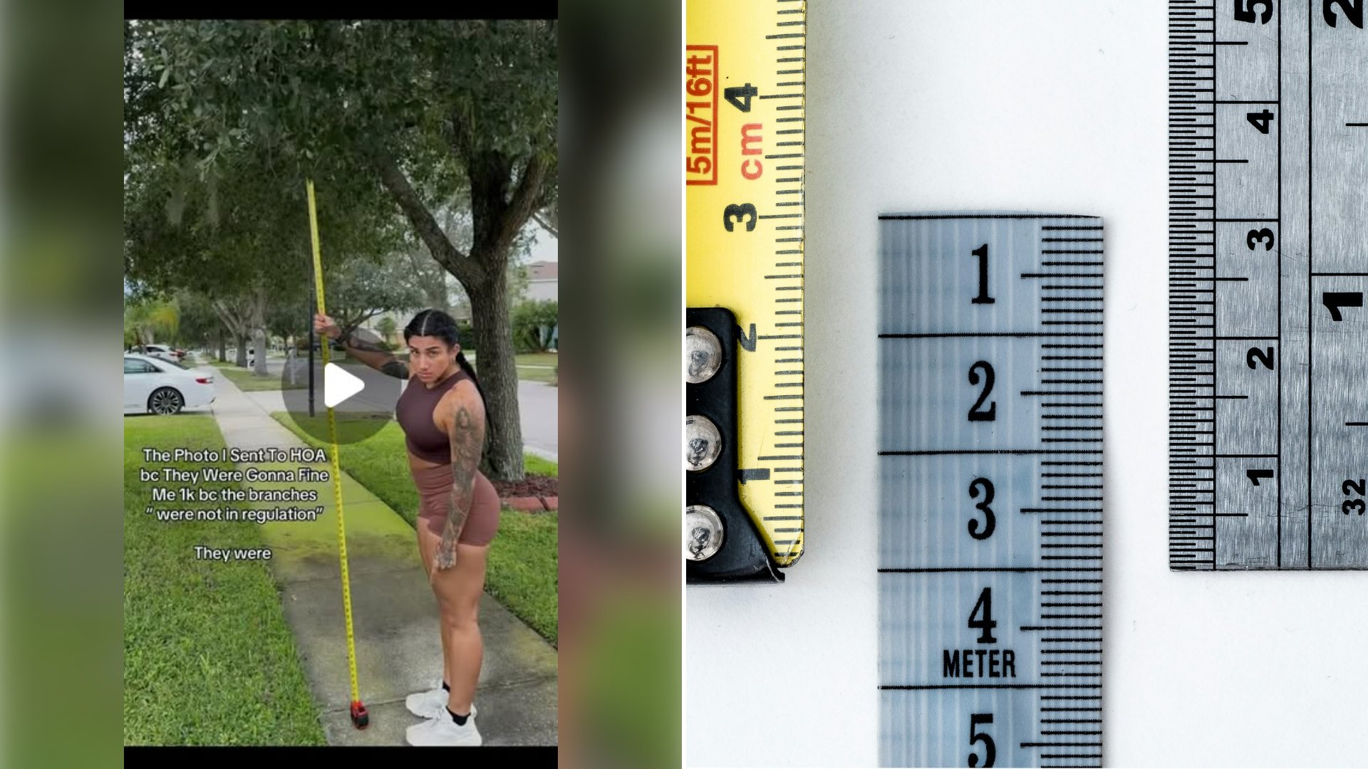 Left: cover still from an Instagram reel by @. Right: Macro of gray and yellow tape measures and rulers (Unsplash photo by William Warby).