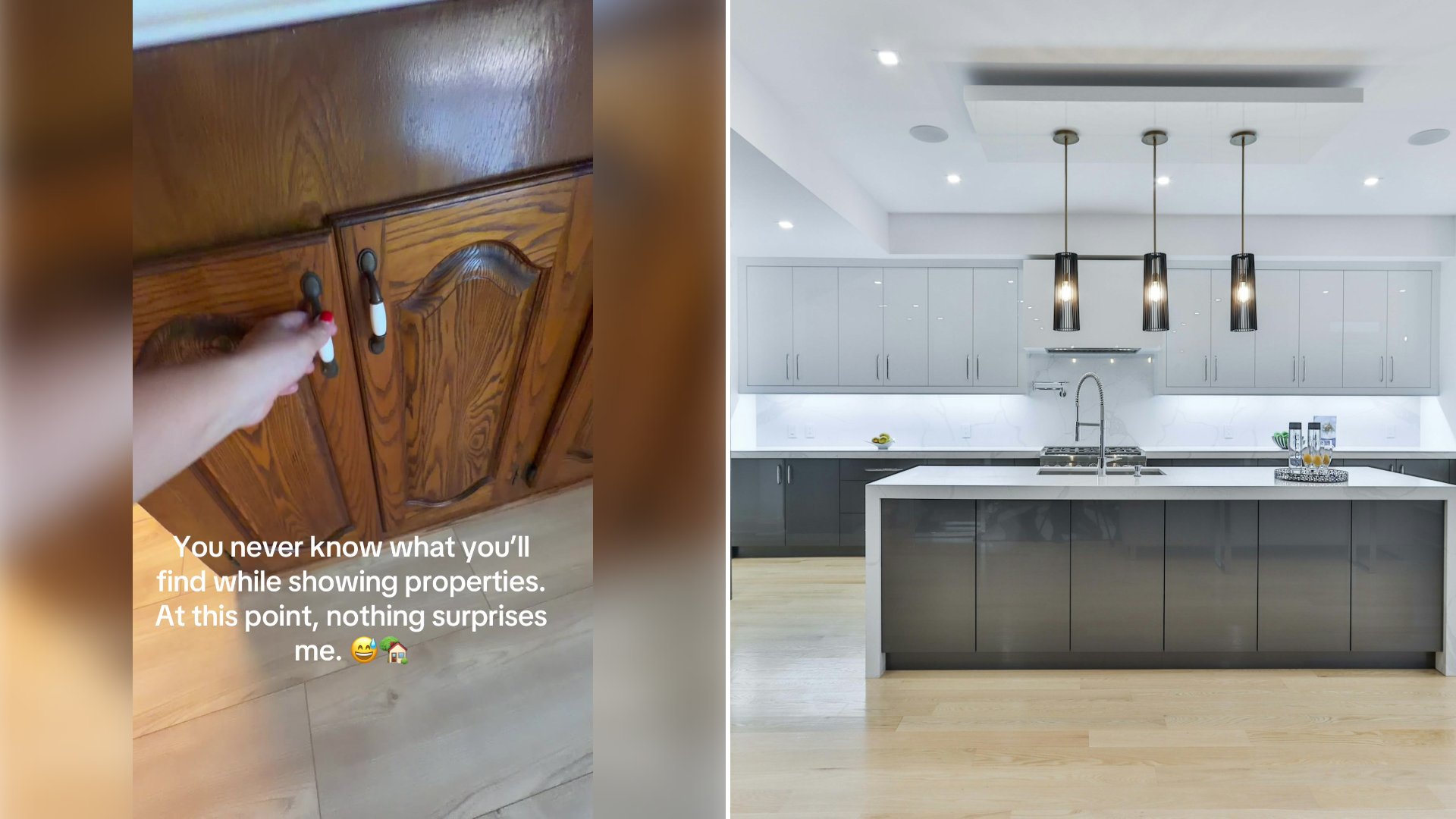 Left: cover still from a TikTok video by @heather.kerrrealtor. Right: Modern kitchen with grey cabinets, white island and three pendant lights (Unsplash photo by Lotus Design N Print).
