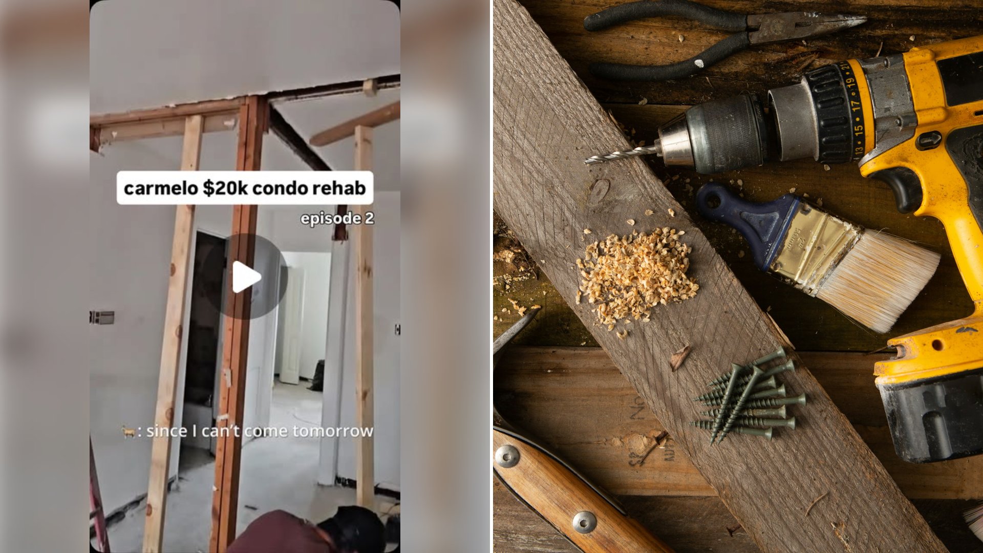 Left: cover still from an Instagram reel by @. Right: Hammer and cordless drill on a wooden board table (Unsplash photo by benjamin lehman).