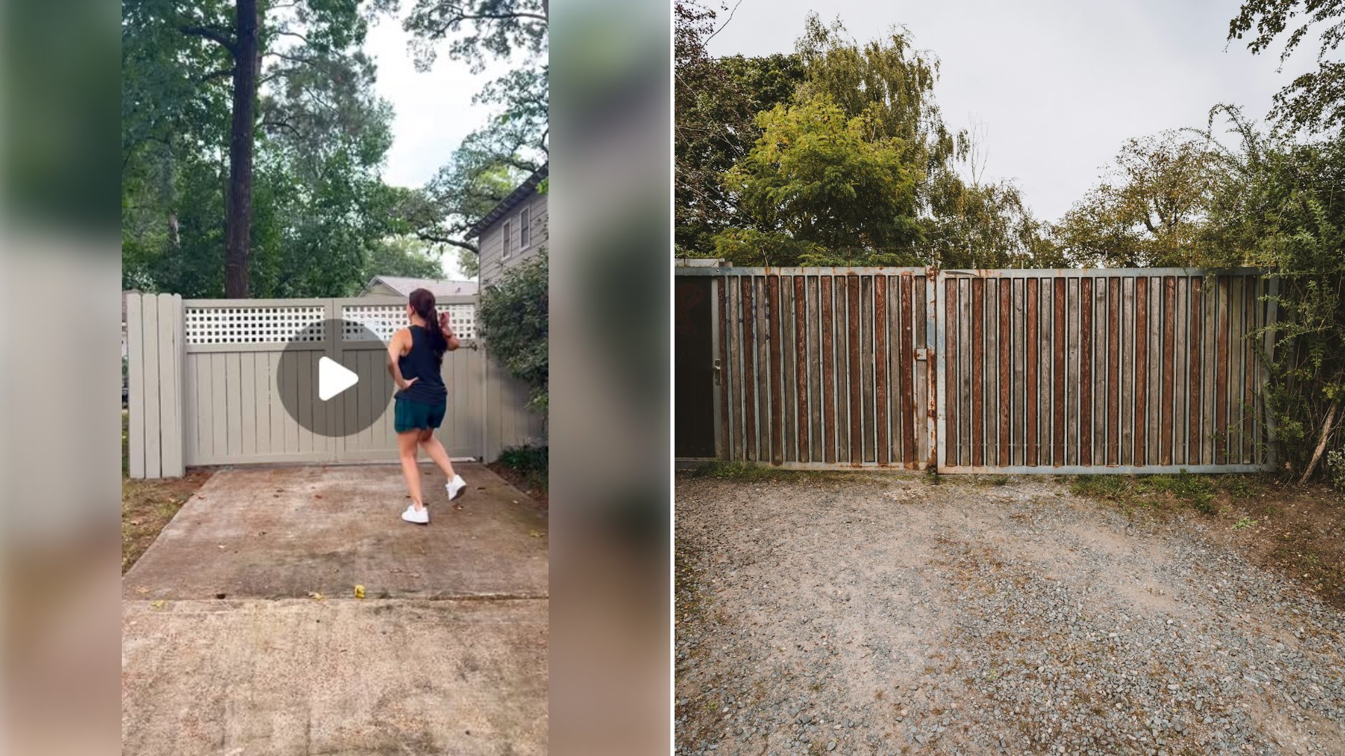 Left: cover still from an Instagram reel by @. Right: Gated area with a gravel road leading through trees (Unsplash photo by Timon Reinhard).