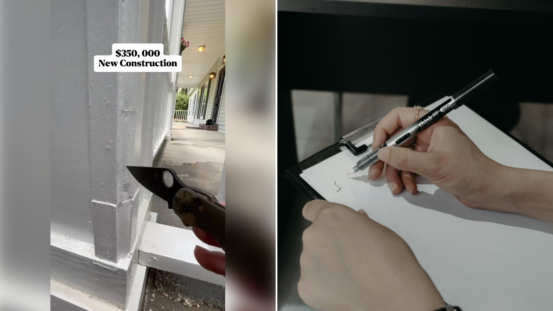 Left: cover still from a TikTok video by @housecheckpro. Right: Hands writing on a clipboard with a pen (Unsplash photo by Zulfugar Karimov).