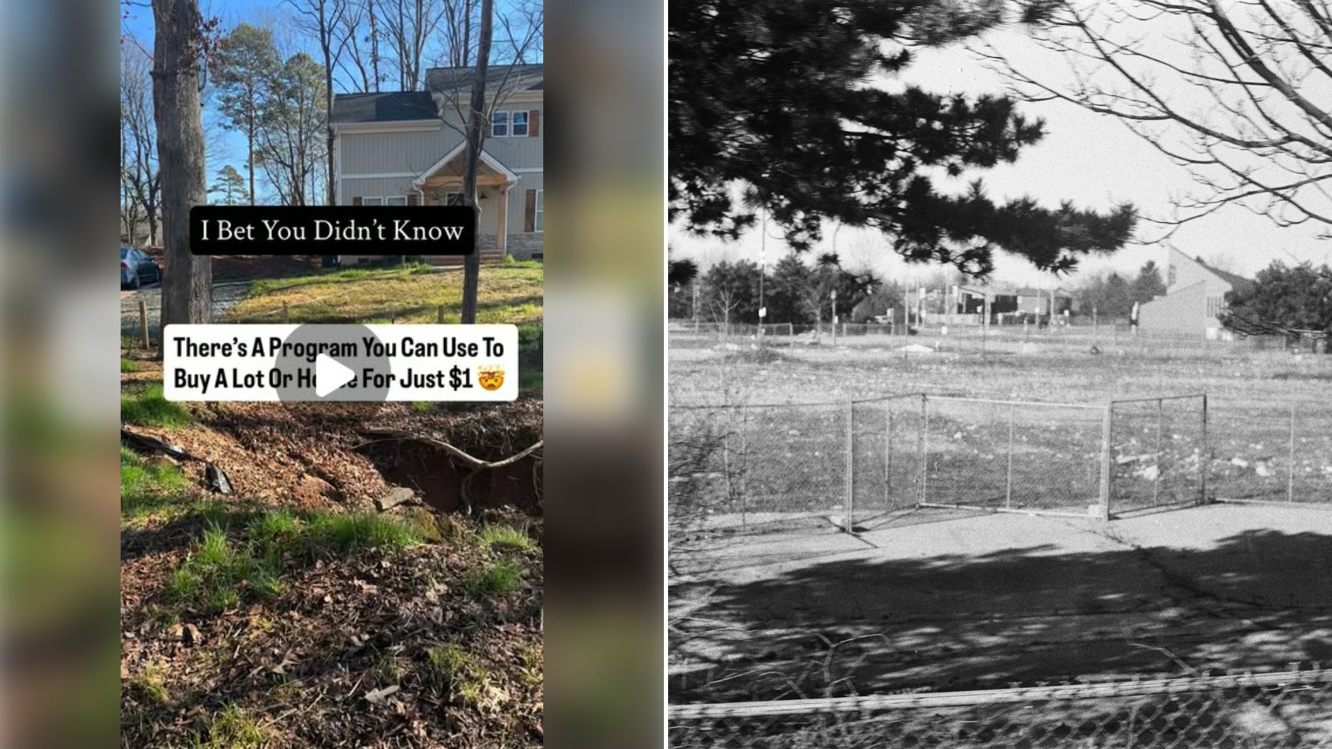 Left: cover still from an Instagram reel by @. Right: Chain-link fence around a concrete pad in a sparse field with trees (Unsplash photo by Annabelle Allimonos).