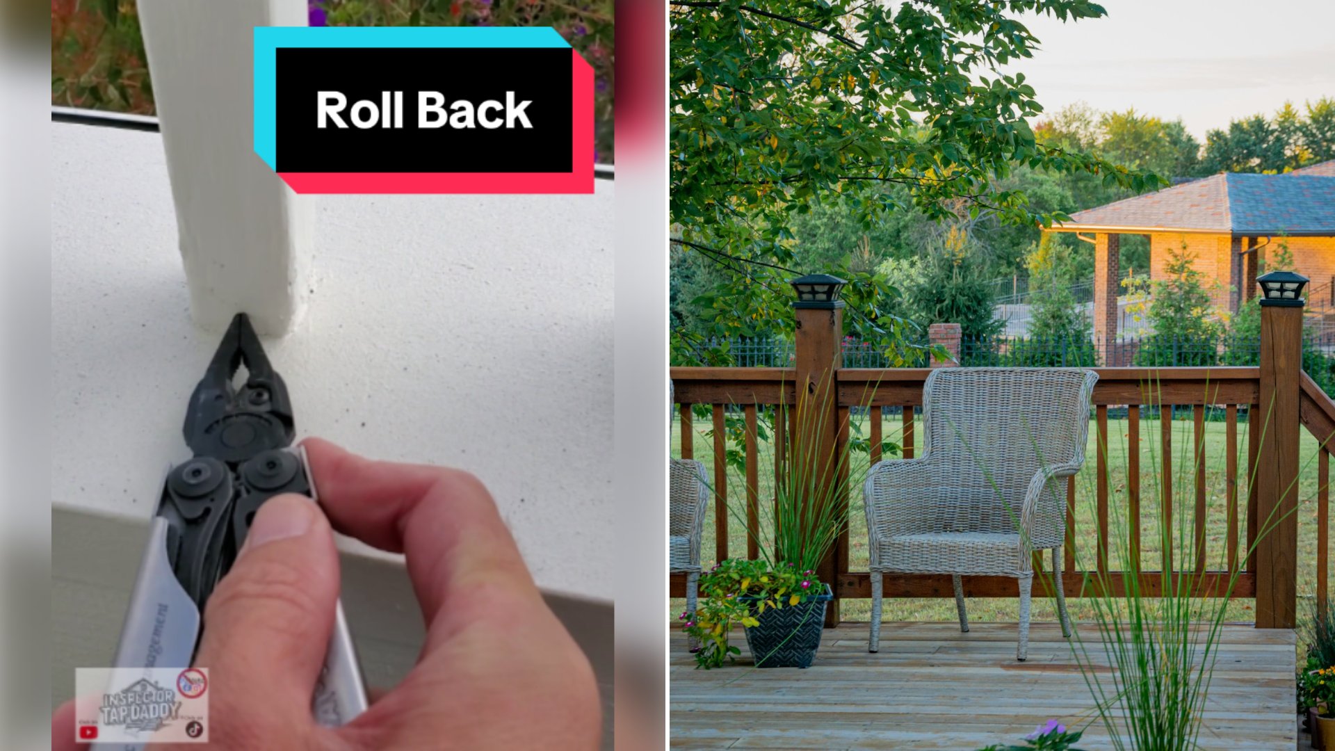 Left: cover still from a TikTok video by @inspectortapdaddy. Right: Brown wooden fence near green trees in daylight (Unsplash photo by Frames For Your Heart).
