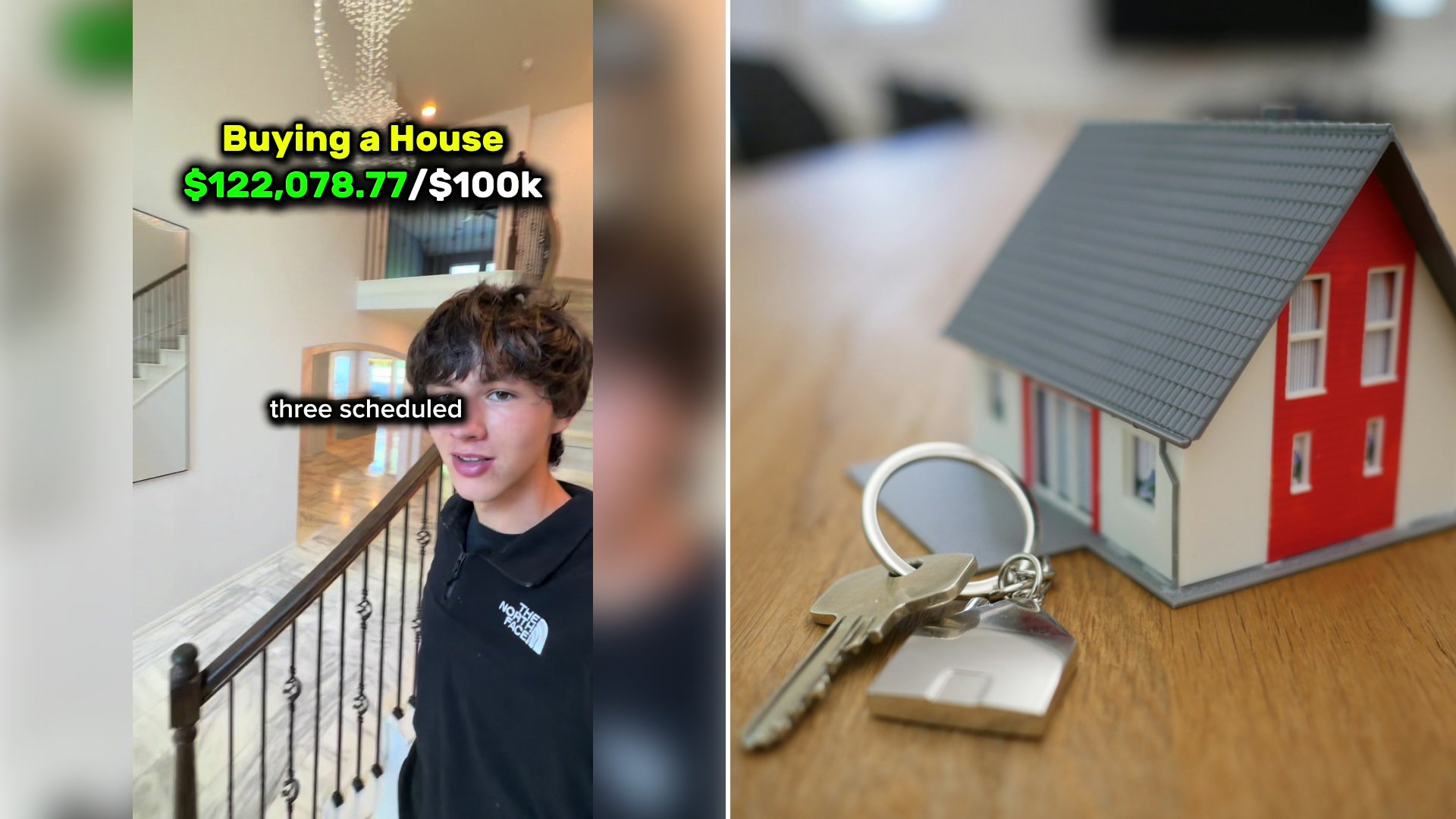 Left: cover still from a TikTok video by @landenlevine1. Right: Small white and red wooden house miniature on a brown table (Unsplash photo by Tierra Mallorca).