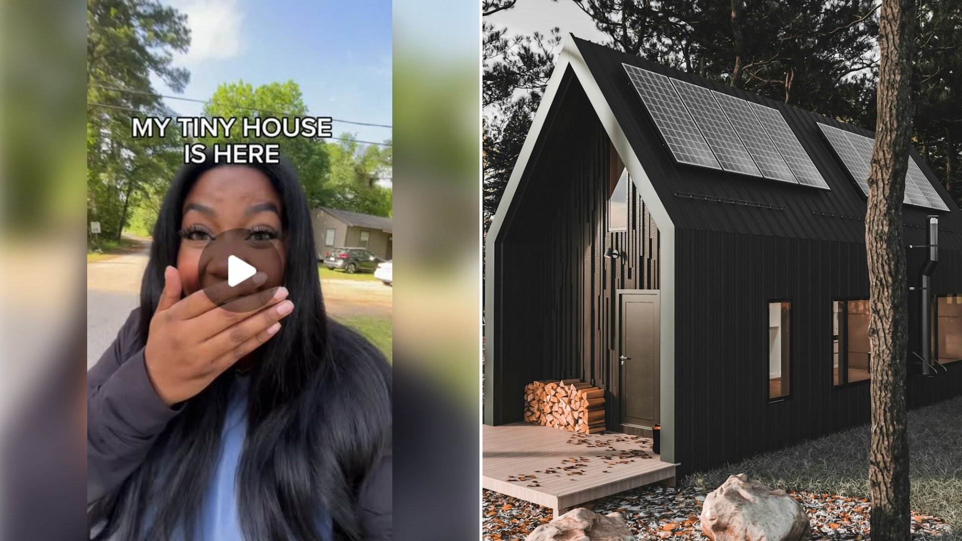 Left: cover still from an Instagram reel by @. Right: Small cabin-style house among trees on open land (Unsplash photo by Thomas Werneken).