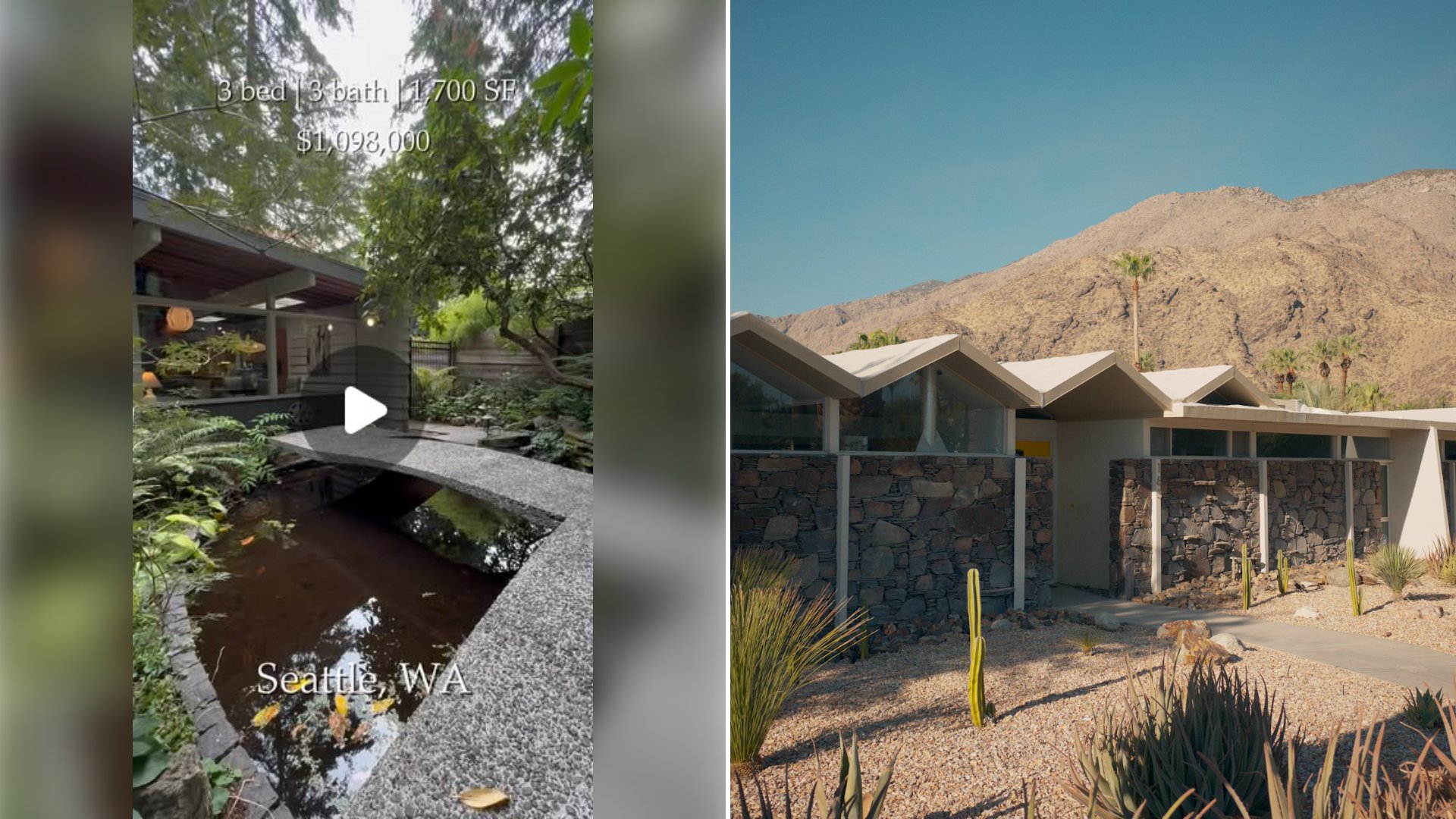 Left: cover still from an Instagram reel by @. Right: Mid-century modern house with desert plants and mountains behind (Unsplash photo by Hunter Owens).