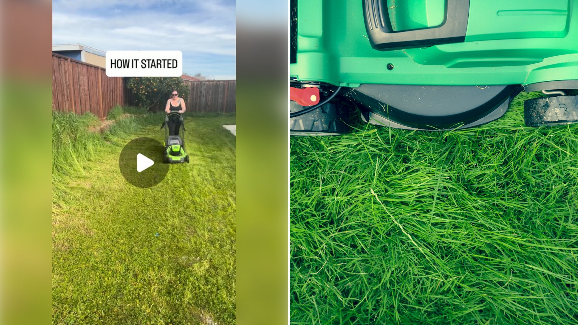 Left: cover still from an Instagram reel by @. Right: Green and black lawnmower on a grass lawn (Unsplash photo by Daniel Watson).
