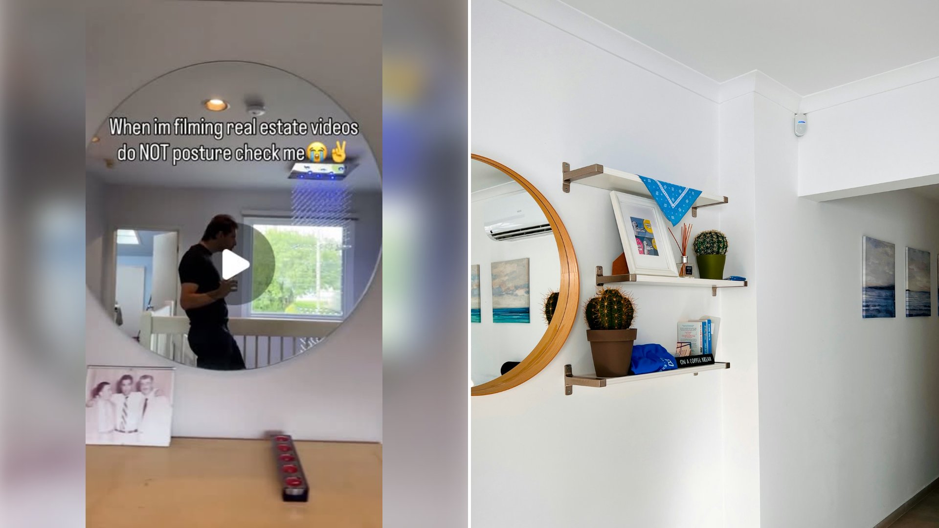 Left: cover still from an Instagram reel by @. Right: Bright hallway with modern art and a round mirror (Unsplash photo by FlippingBook).