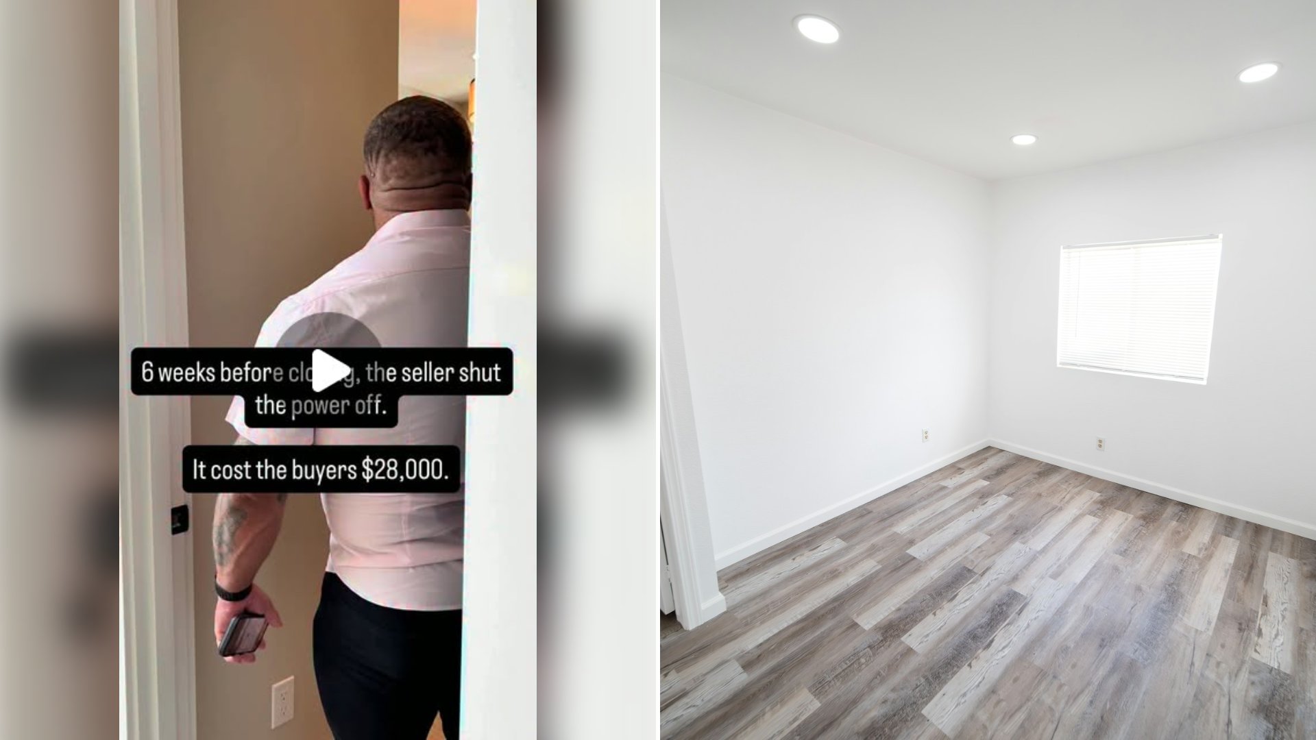Left: cover still from an Instagram reel by @. Right: Empty room with white walls and wood floors (Unsplash photo by Brian Wangenheim).