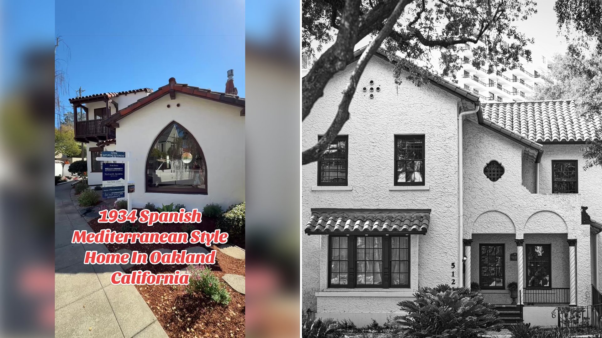 Left: cover still from a TikTok video by @rolandosage. Right: Classic two-story house with a tiled roof and a large tree (Unsplash photo by David Valentine).