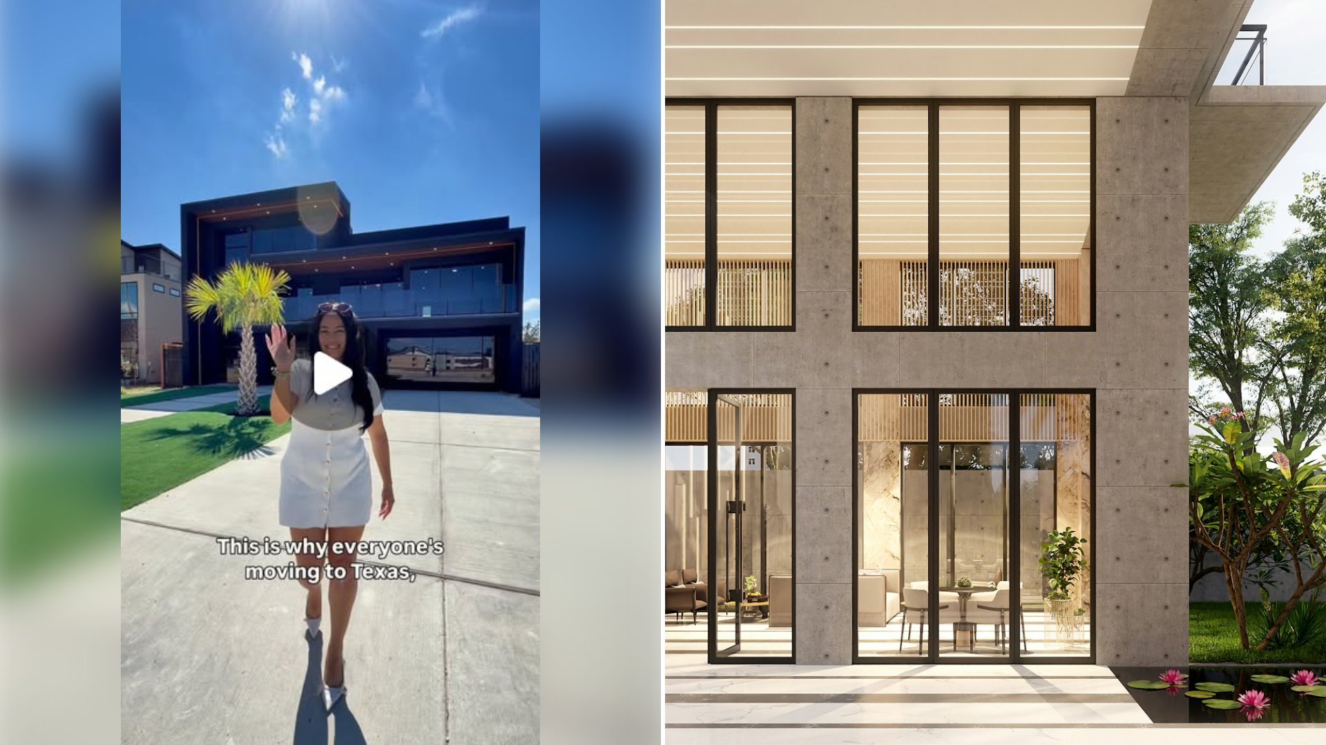 Left: cover still from an Instagram reel by @. Right: Modern house with stone and concrete facade, floor-to-ceiling windows and a lush garden (Unsplash photo by Aalo Lens).