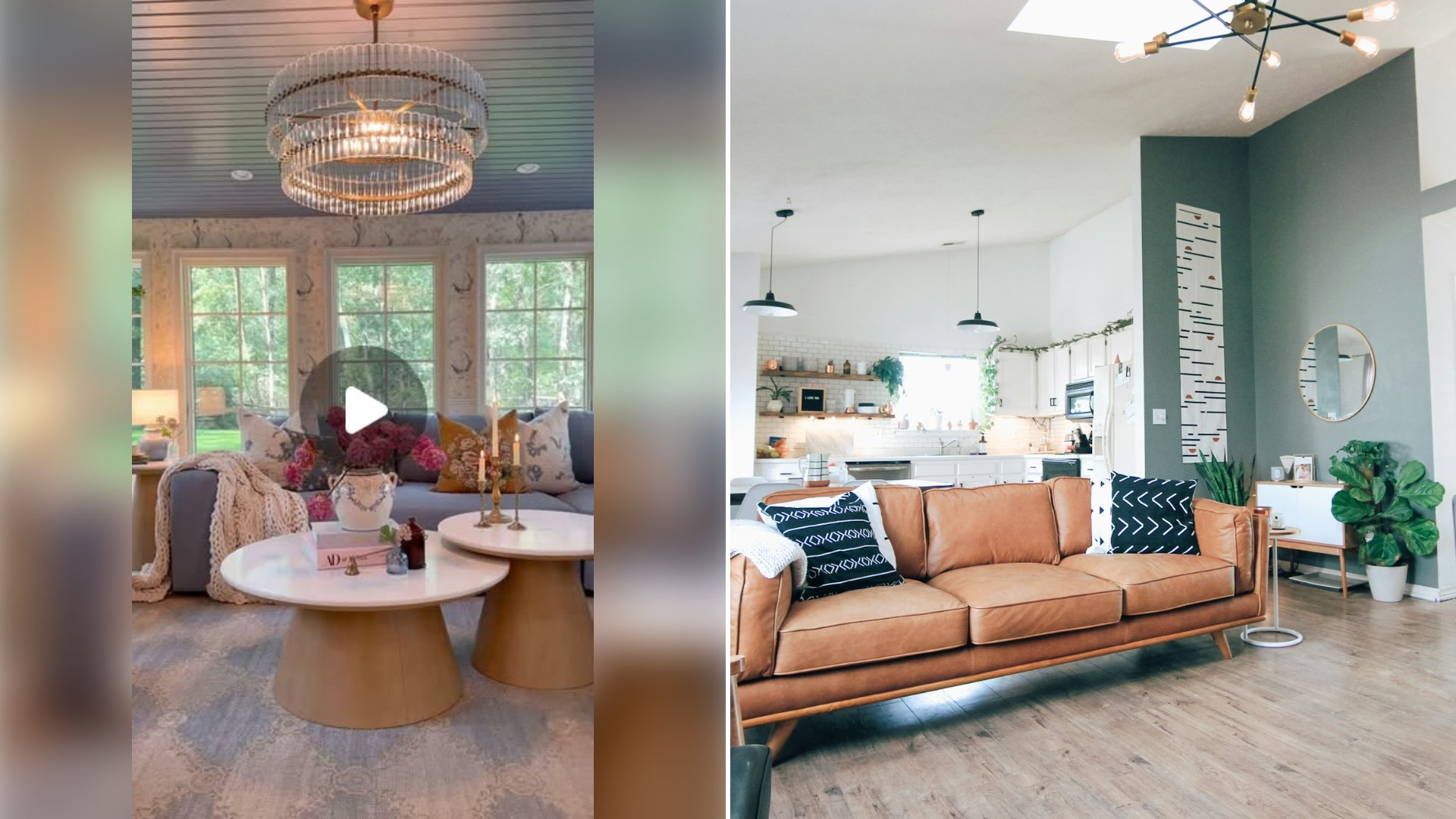 Left: cover still from an Instagram reel by @. Right: Bright, comfortably furnished and decorated living room with a sofa (Unsplash photo by Kara Eads).