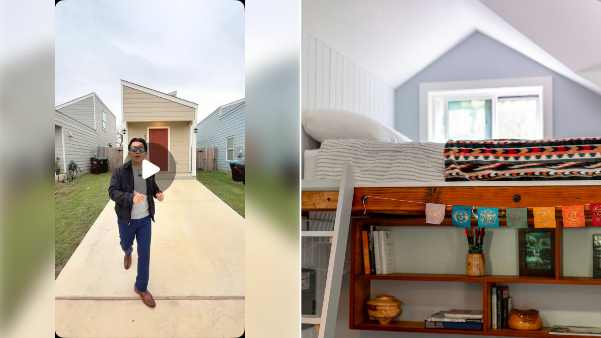 Left: cover still from an Instagram reel by @. Right: Tiny home interior with a loft bed reached by a ladder, bookshelf beside it (Unsplash photo by Andrea Davis).