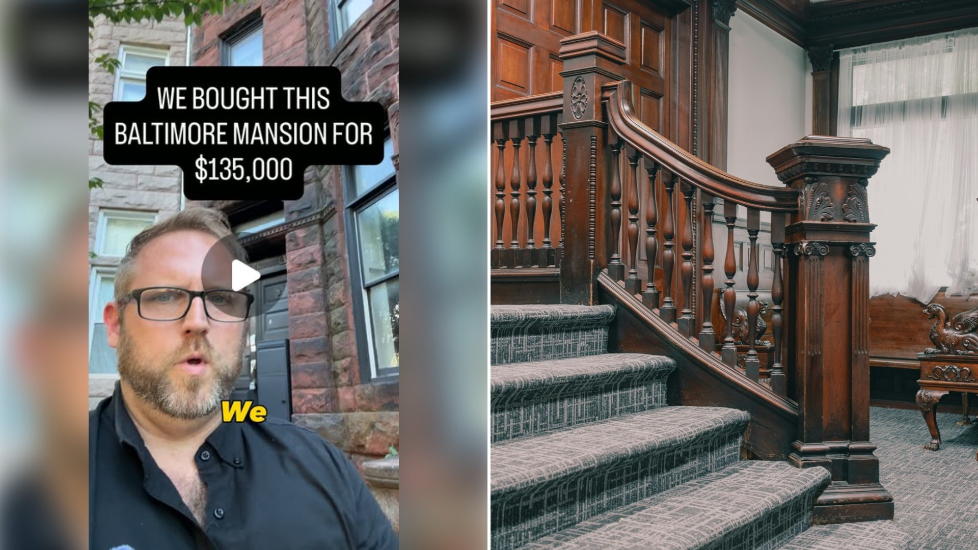 Left: cover still from an Instagram reel by @. Right: Grand staircase in a large room with wood paneling (Unsplash photo by Nellie Adamyan).