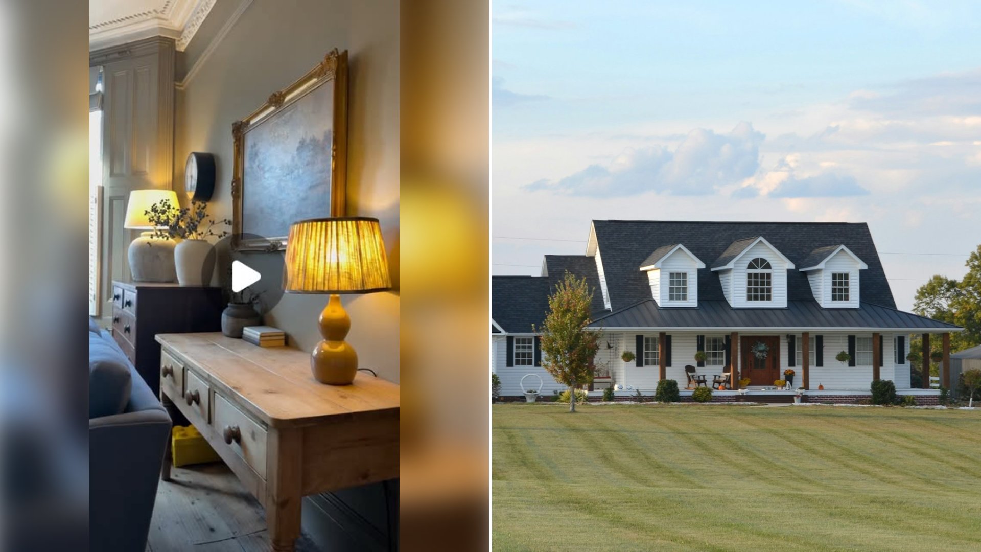 Left: cover still from an Instagram reel by @. Right: Large white country farmhouse with dormers and a wrap-around front porch (Unsplash photo by Roger Starnes Sr).
