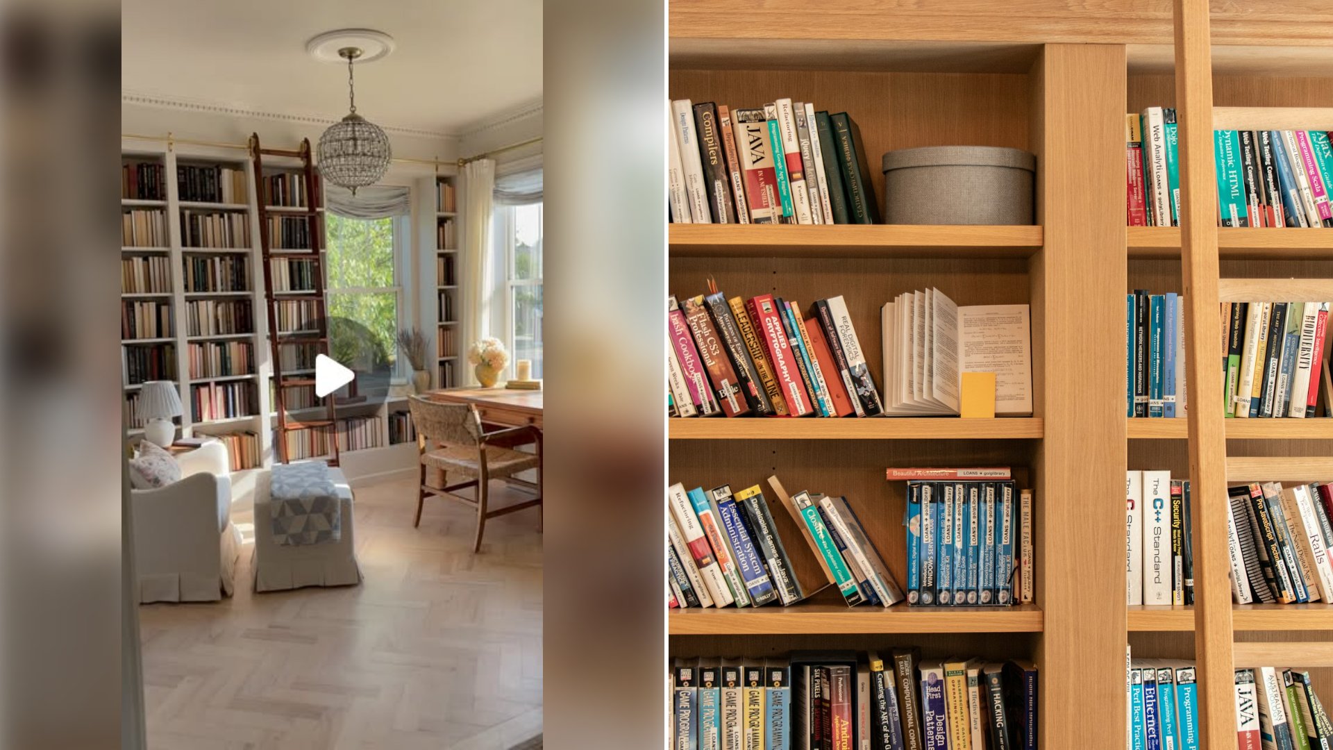 Left: cover still from an Instagram reel by @. Right: Tall wooden bookshelves with a ladder leaning against them in a library (Unsplash photo by Mitchell Luo).