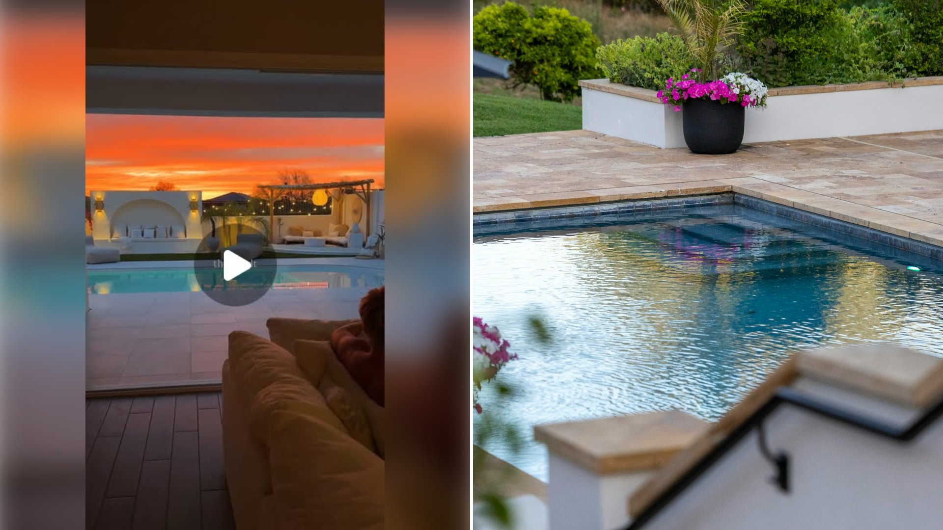 Left: cover still from an Instagram reel by @. Right: Outdoor swimming pool with surrounding patio and flowers (Unsplash photo by Leo_Visions).