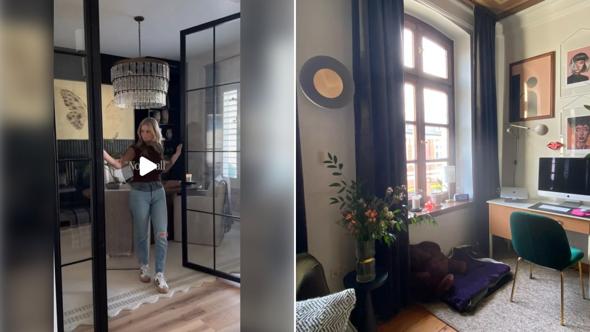 Left: cover still from an Instagram reel by @. Right: Home office with art, plants and a large window (Unsplash photo by Catherina Schürmann).
