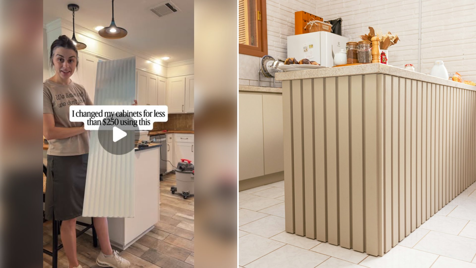 Left: cover still from an Instagram reel by @. Right: Modern kitchen island with vertical fluted paneling (Unsplash photo by Samuell Morgenstern).