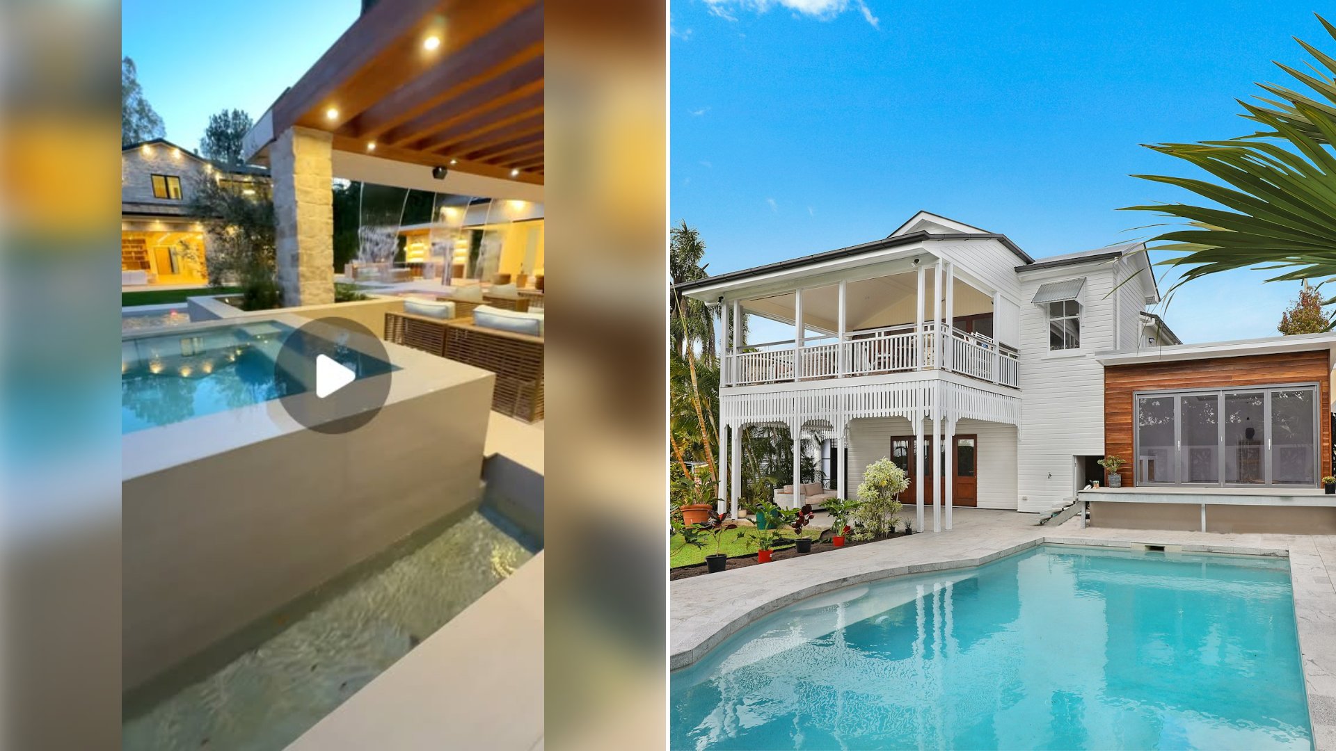 Left: cover still from an Instagram reel by @. Right: White house with a wooden extension and a backyard swimming pool (Unsplash photo by Wes Fischer).
