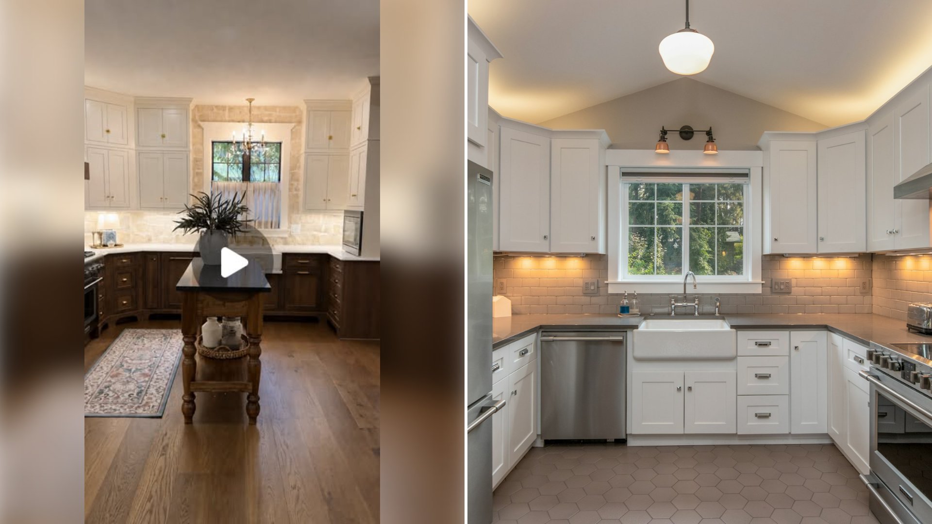 Left: cover still from an Instagram reel by @. Right: White wooden kitchen cabinets with a white pendant lamp (Unsplash photo by Clay Elliot).