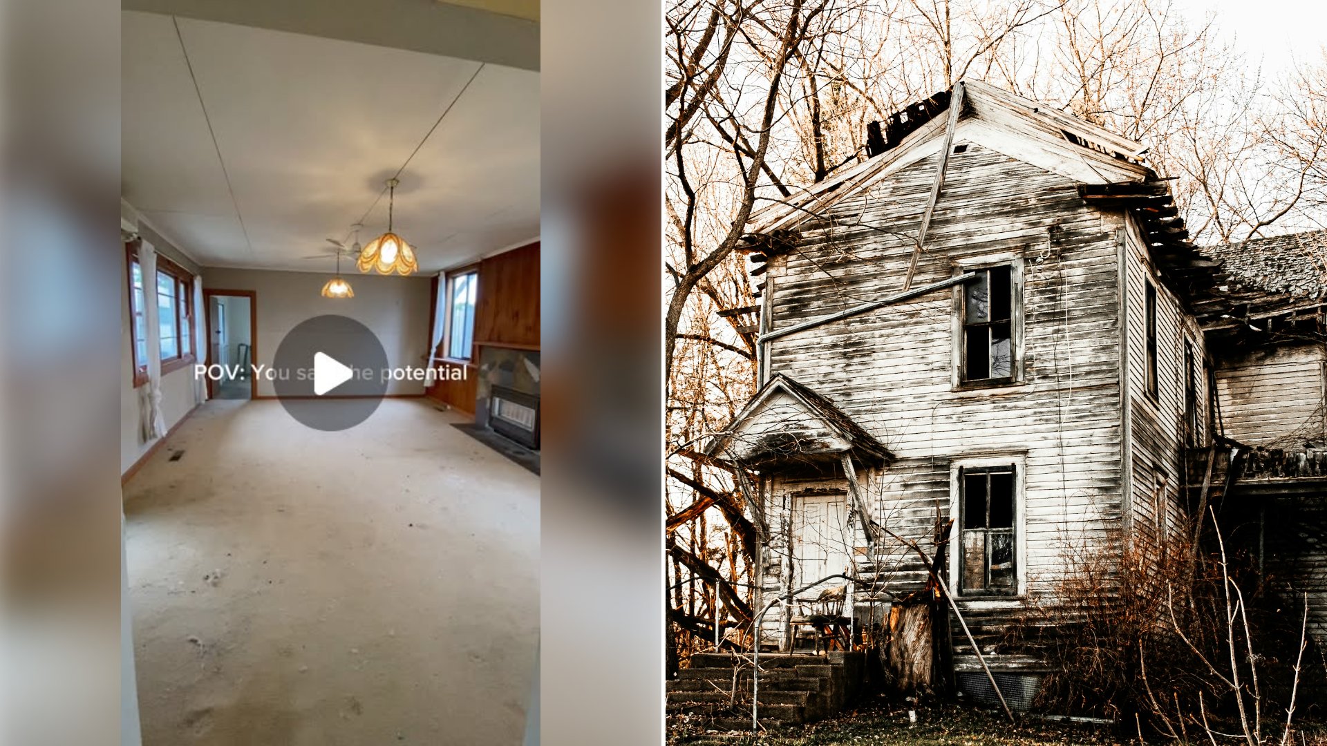Left: cover still from an Instagram reel by @. Right: Old weathered white and black wooden house near bare trees (Unsplash photo by Jackson Simmer).