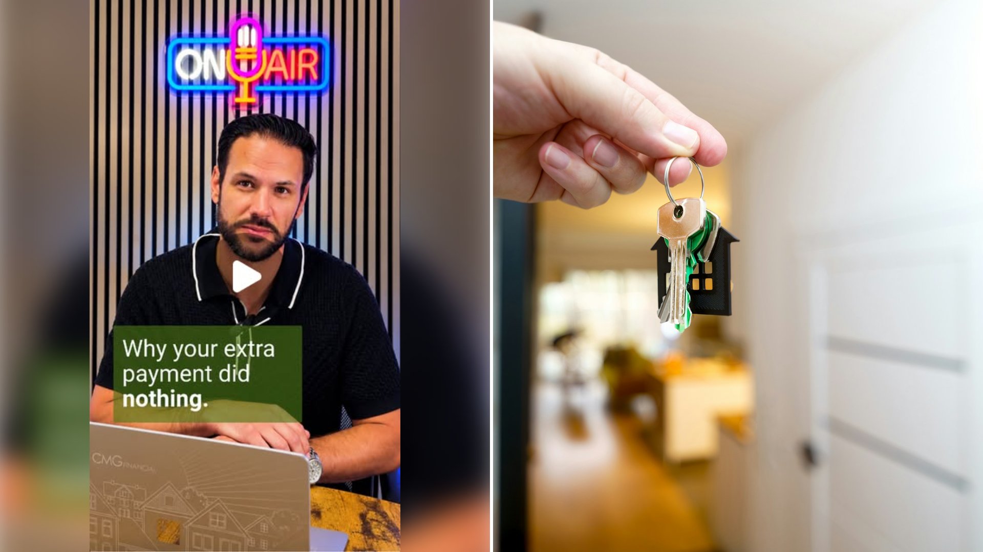 Left: cover still from an Instagram reel by @. Right: Hand holding house keys in front of a home entrance (Unsplash photo by Jakub Żerdzicki).