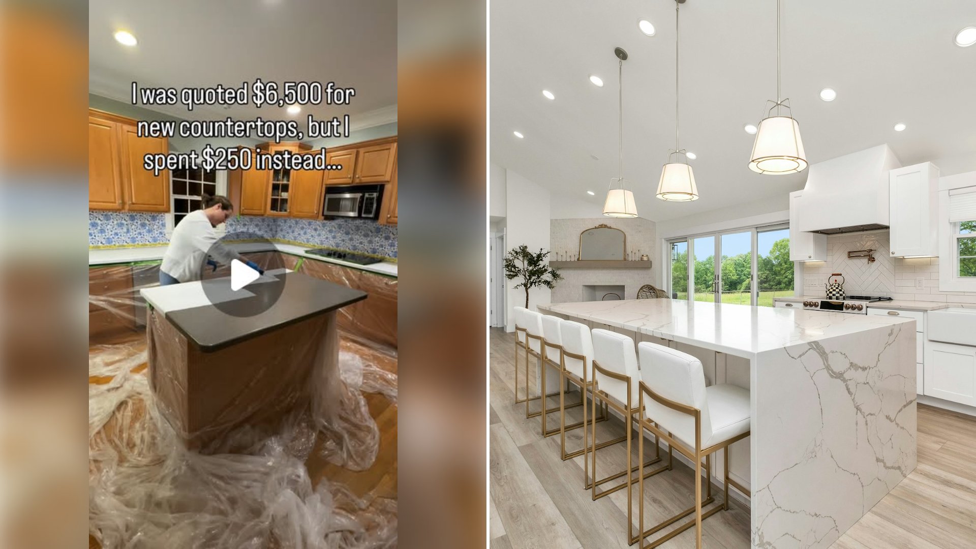 Left: cover still from an Instagram reel by @. Right: Large kitchen with a marble island and white cabinets (Unsplash photo by Zac Gudakov).