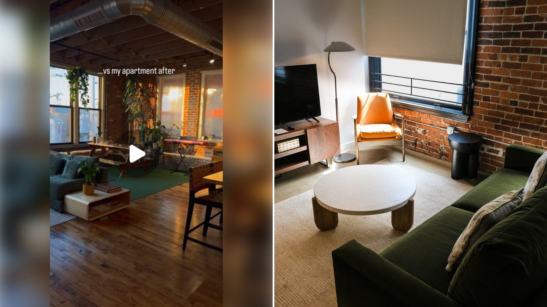 Left: cover still from an Instagram reel by @. Right: Modern loft living room with a green sofa and exposed brick wall (Unsplash photo by ubeyonroad).