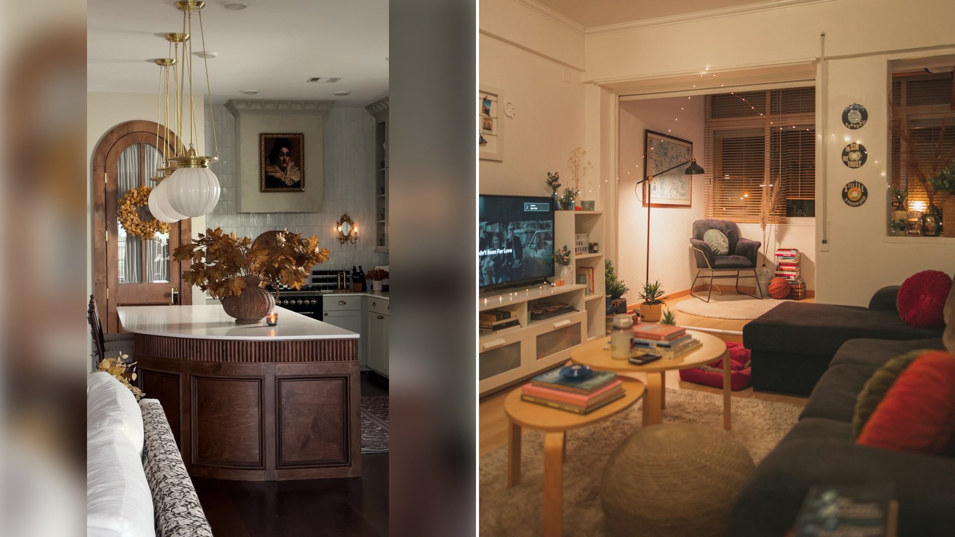 Left: cover still from a TikTok video by @arceriinteriors. Right: Warm-toned furnished living room with sofa and TV (Unsplash photo by Joao Macedo).