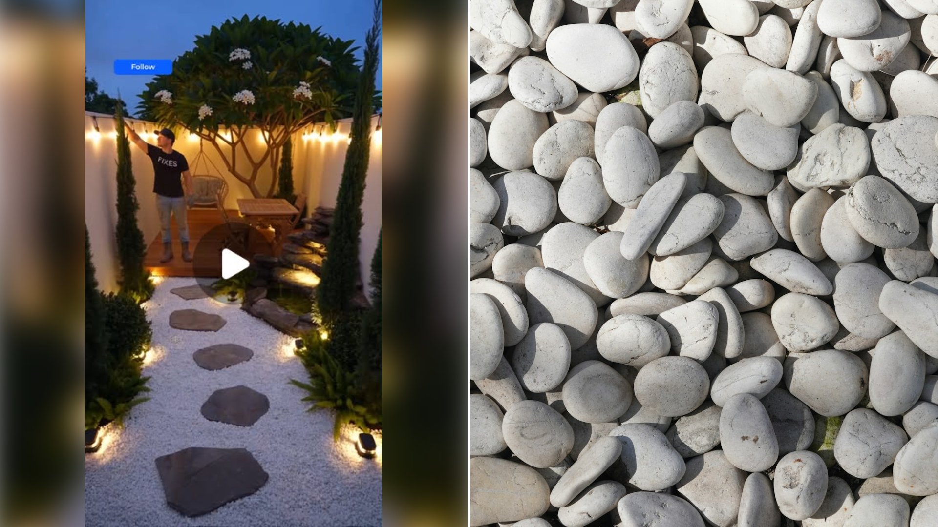 Left: cover still from an Instagram reel by @. Right: Pile of smooth white pebbles (Unsplash photo by Tomi Saputra).