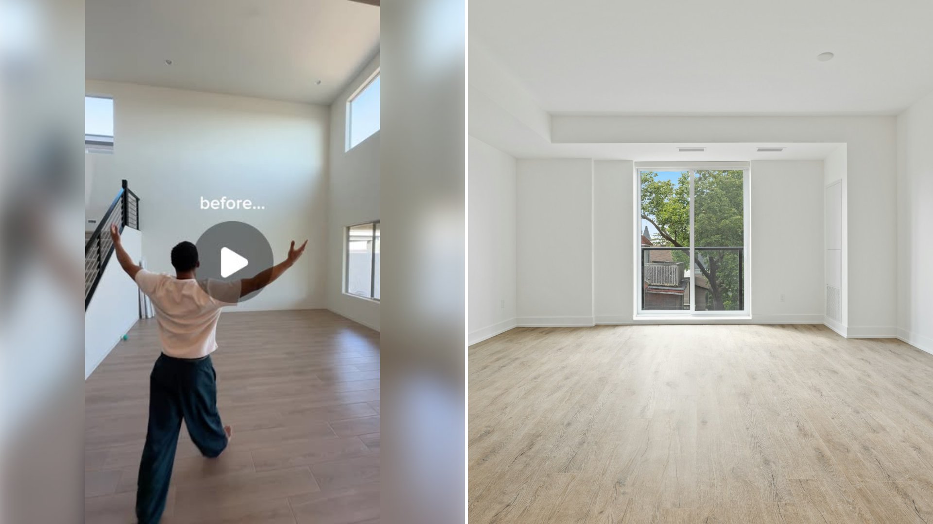 Left: cover still from an Instagram reel by @. Right: Bright empty room with white walls and a white glass-paneled door (Unsplash photo by Point3D Commercial Imaging Ltd.).