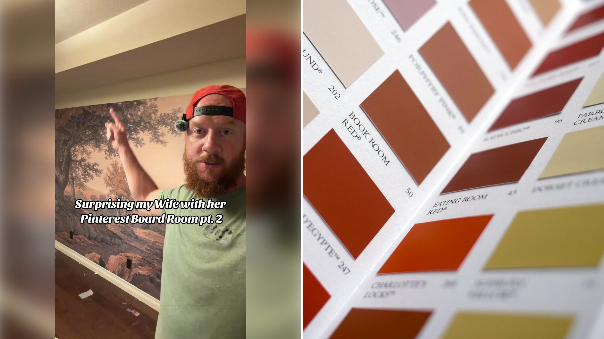 Left: cover still from a TikTok video by @kylerennis. Right: Several shades of paint cans and color samples on a table (Unsplash photo by Brett Jordan).