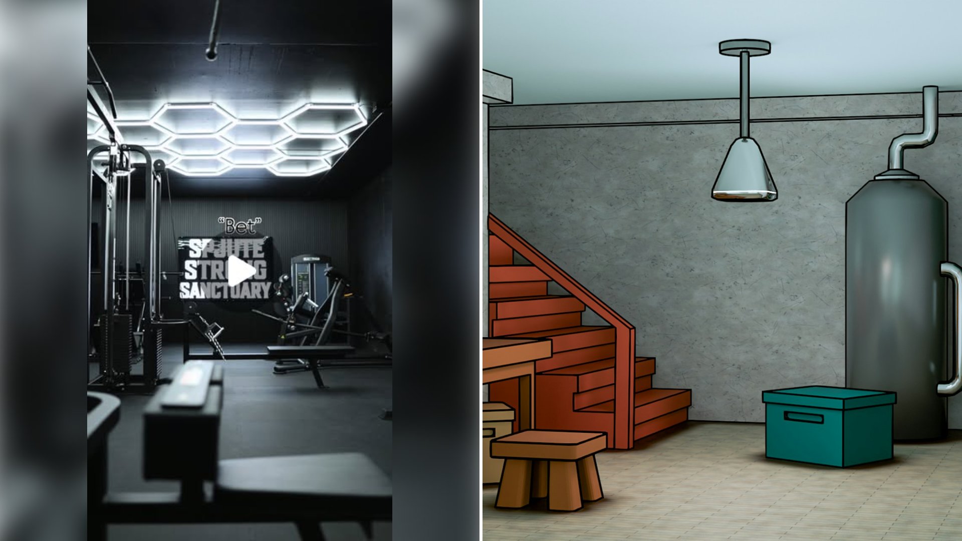 Left: cover still from an Instagram reel by @. Right: Basement-style workshop room with tools and storage shelves (Unsplash photo by Alex Pavor).