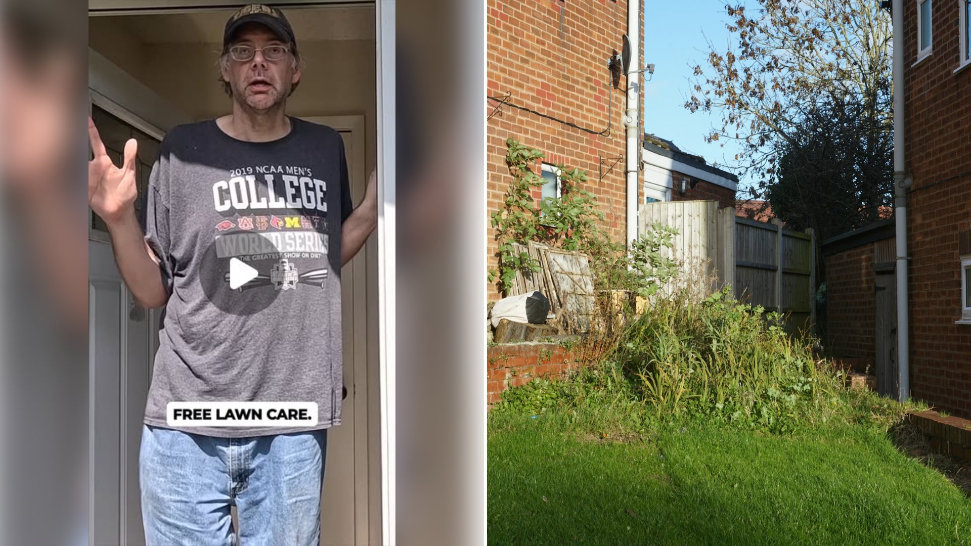 Left: cover still from an Instagram reel by @. Right: Overgrown garden with a pile of weeds between brick buildings (Unsplash photo by James Read).
