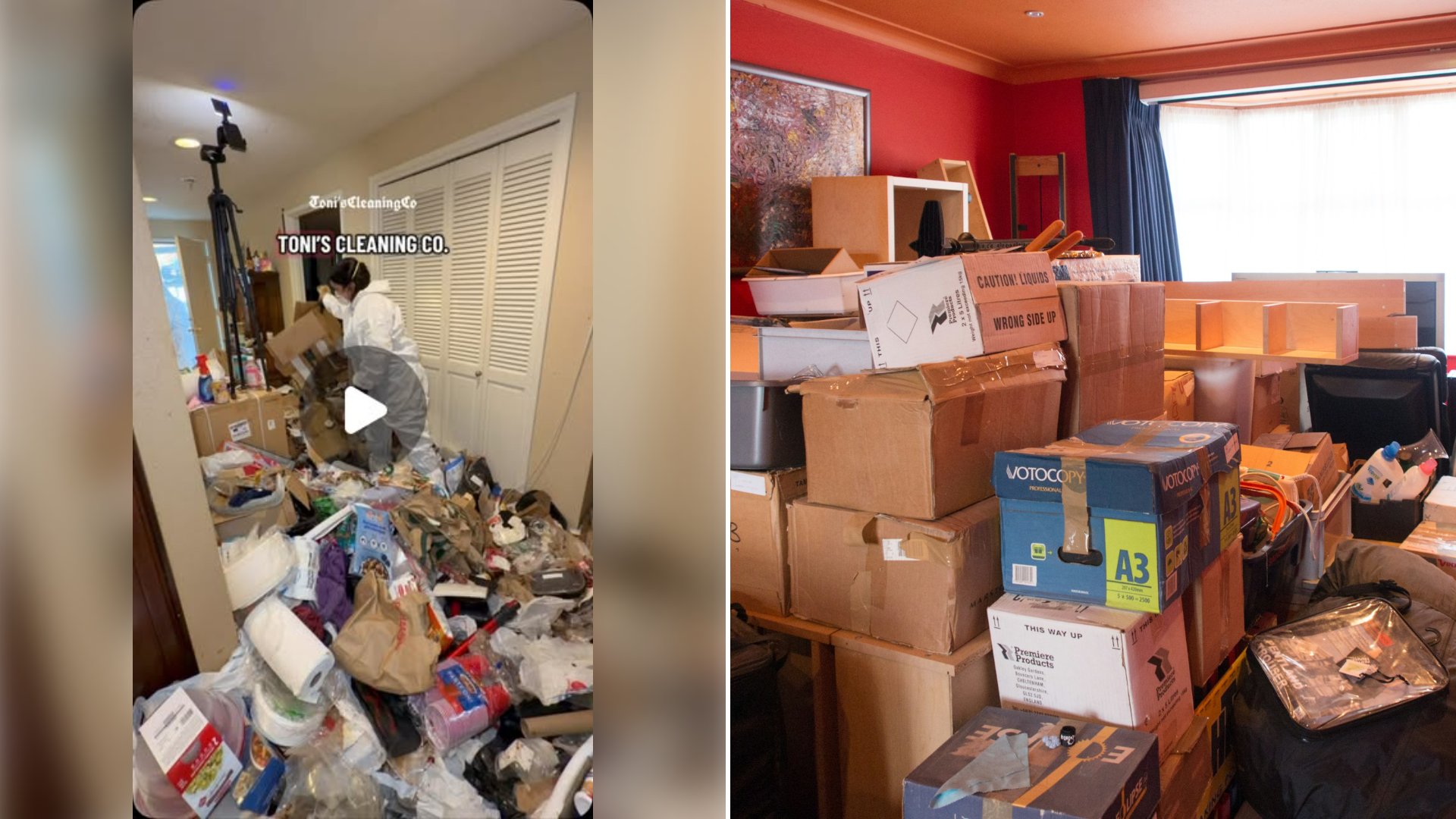 Left: cover still from an Instagram reel by @. Right: Stack of brown cardboard boxes on a wooden table (Unsplash photo by Brett Jordan).